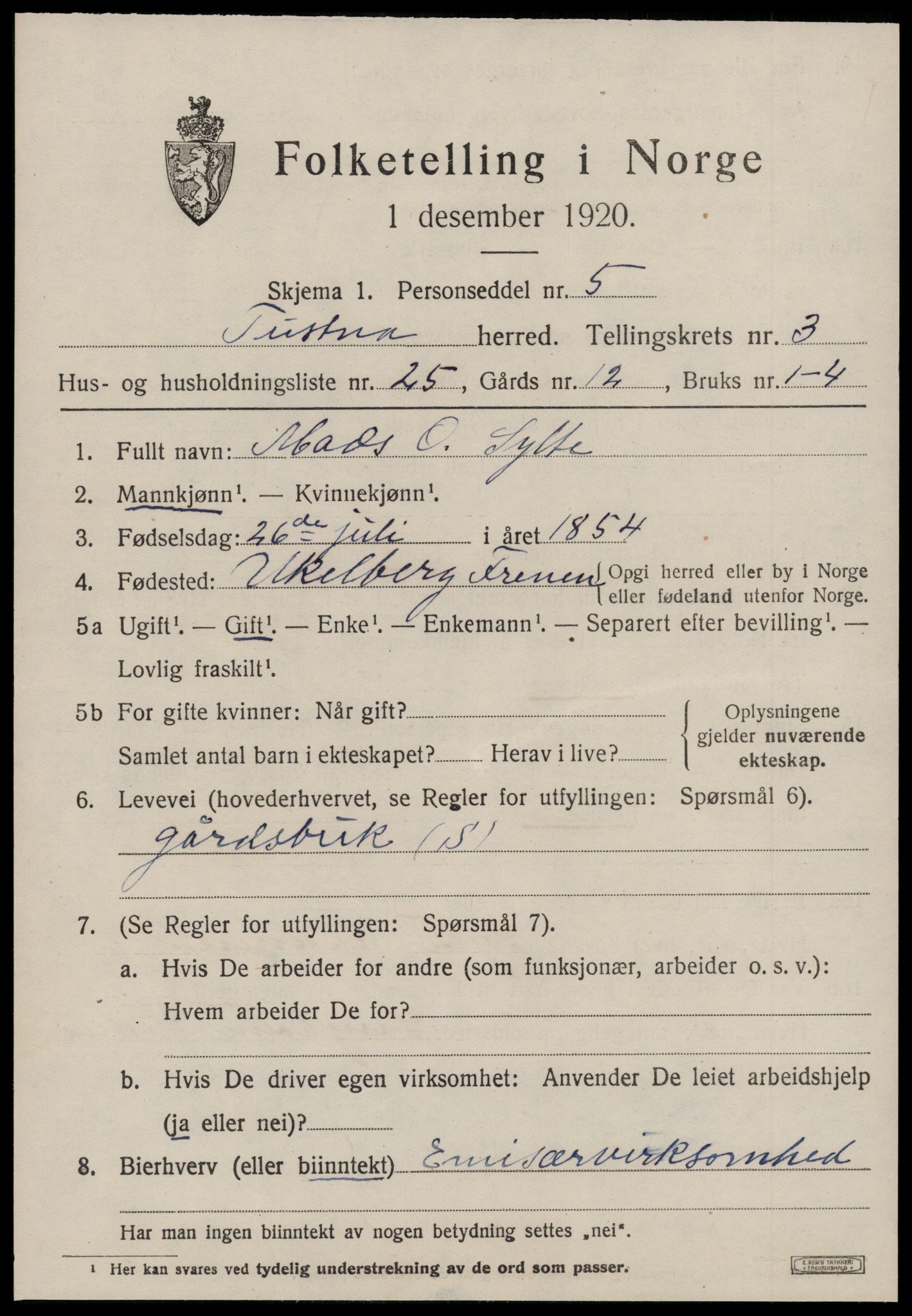 SAT, 1920 census for Tustna, 1920, p. 1723