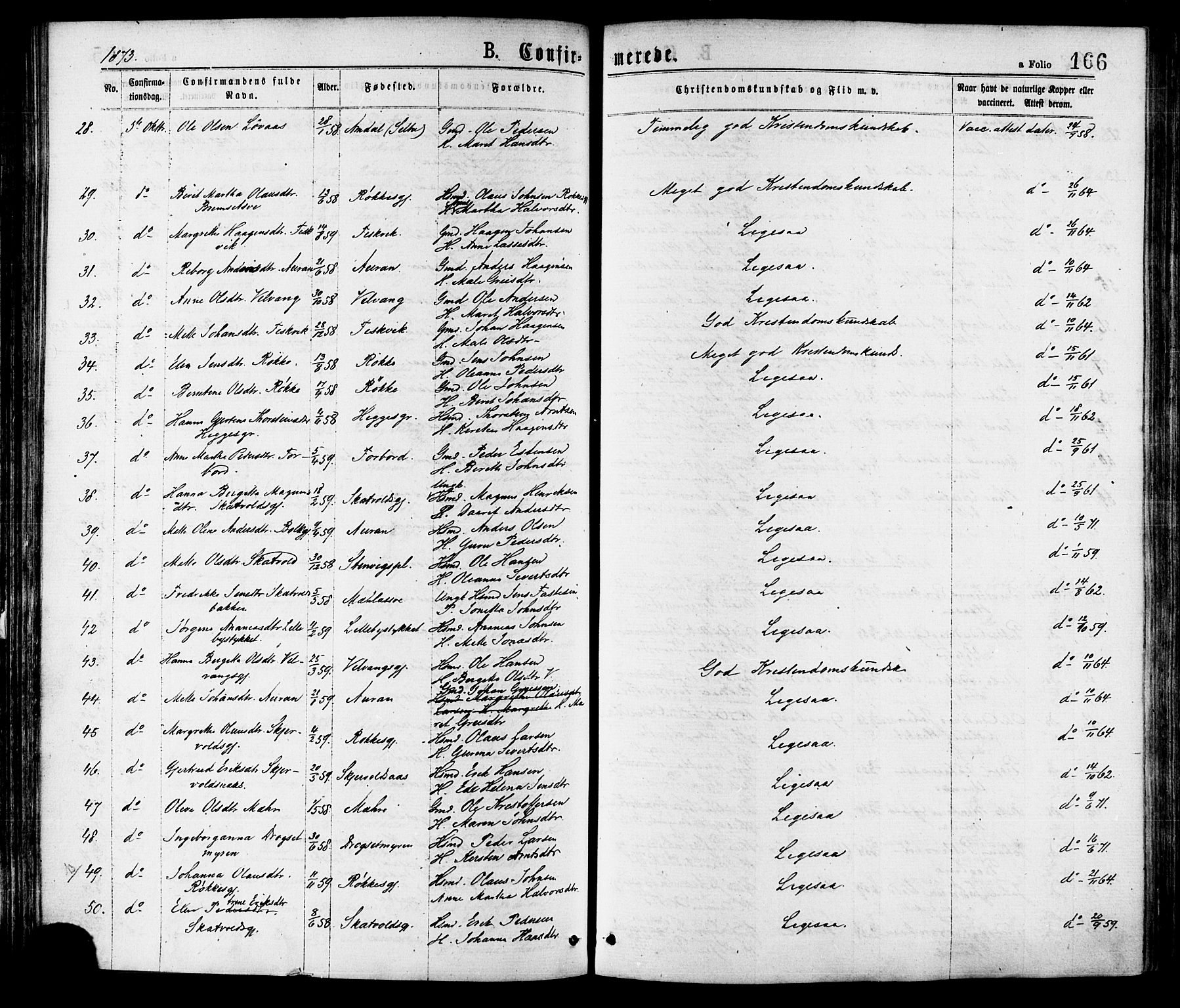 Ministerialprotokoller, klokkerbøker og fødselsregistre - Nord-Trøndelag, AV/SAT-A-1458/709/L0076: Parish register (official) no. 709A16, 1871-1879, p. 166