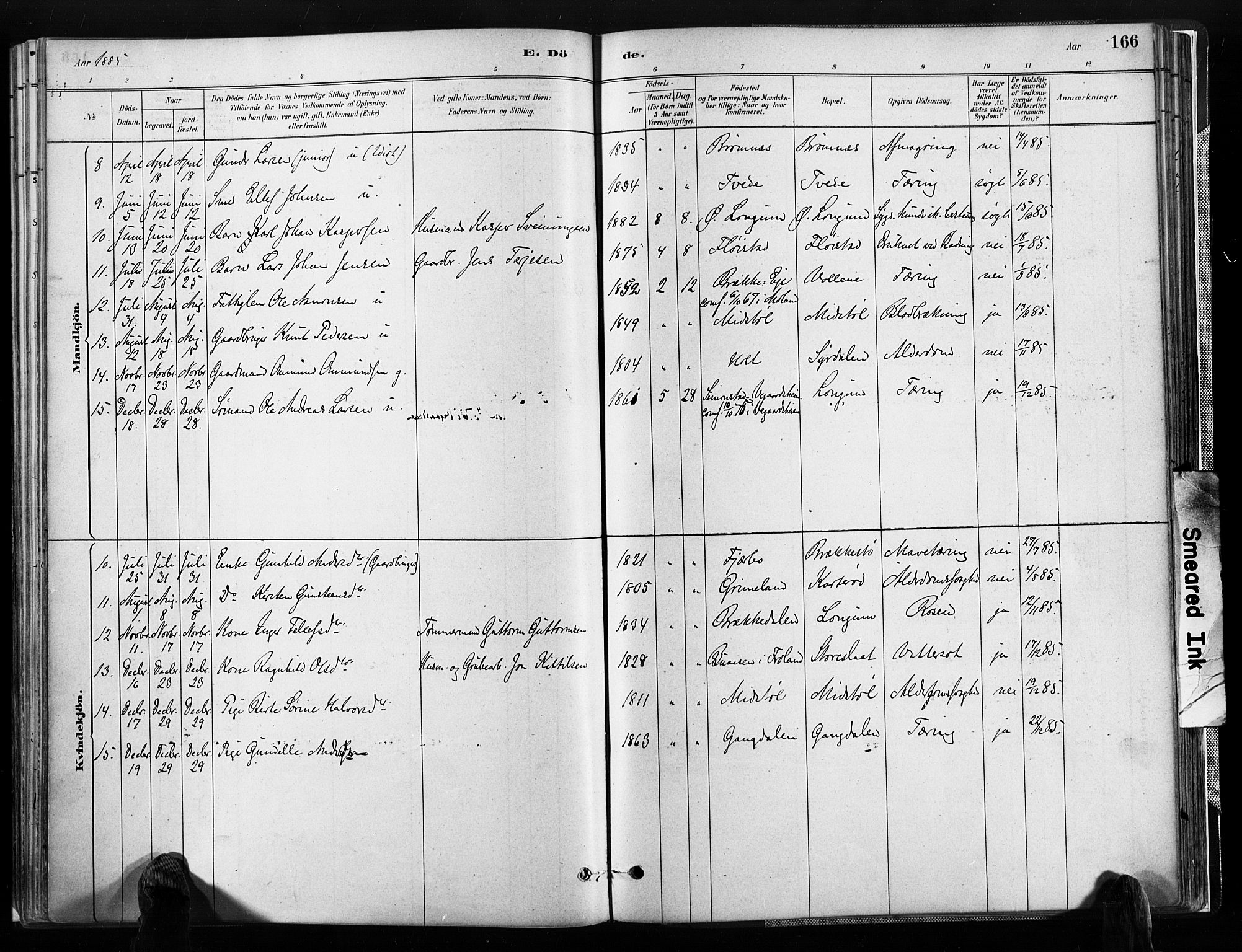 Austre Moland sokneprestkontor, SAK/1111-0001/F/Fa/Faa/L0010: Parish register (official) no. A 10, 1880-1904, p. 166