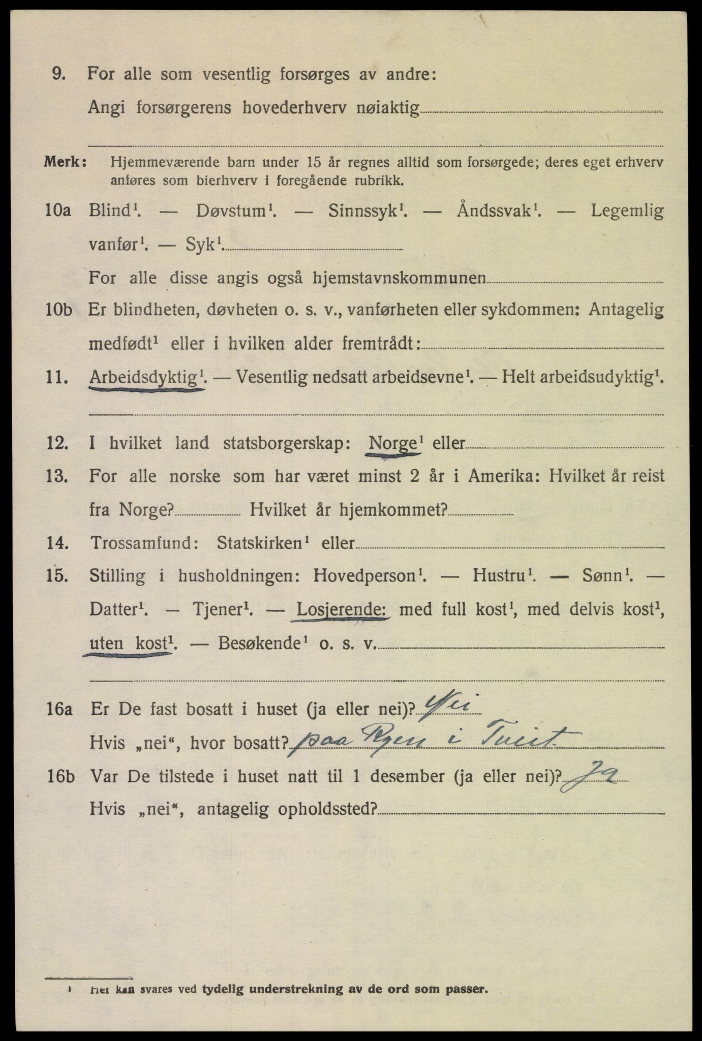 SAK, 1920 census for Tveit, 1920, p. 1461