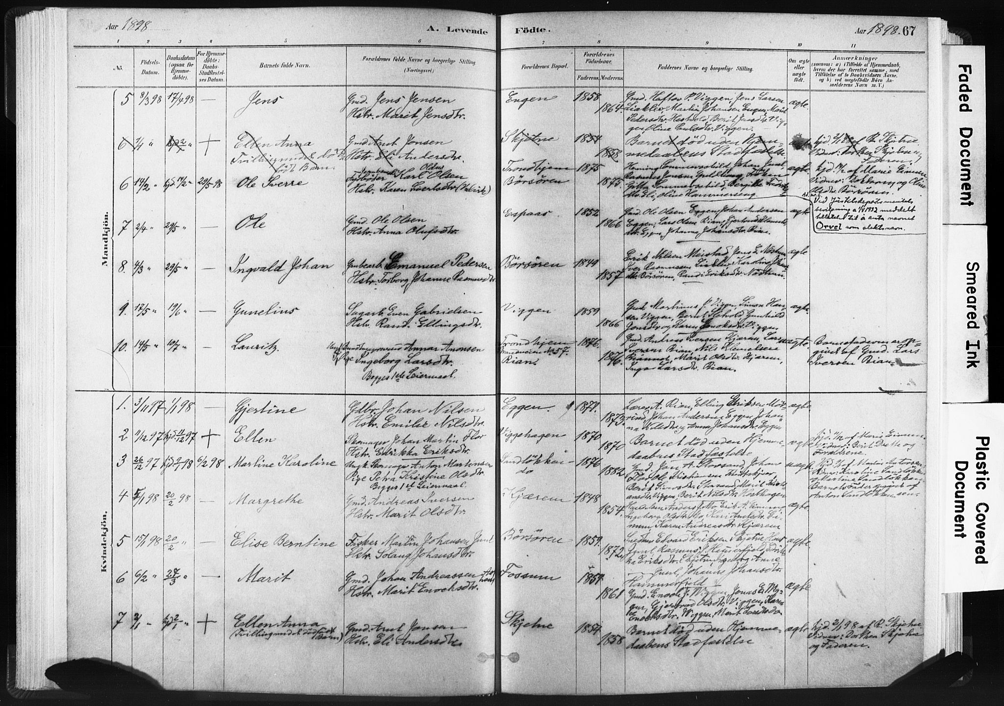 Ministerialprotokoller, klokkerbøker og fødselsregistre - Sør-Trøndelag, SAT/A-1456/665/L0773: Parish register (official) no. 665A08, 1879-1905, p. 67