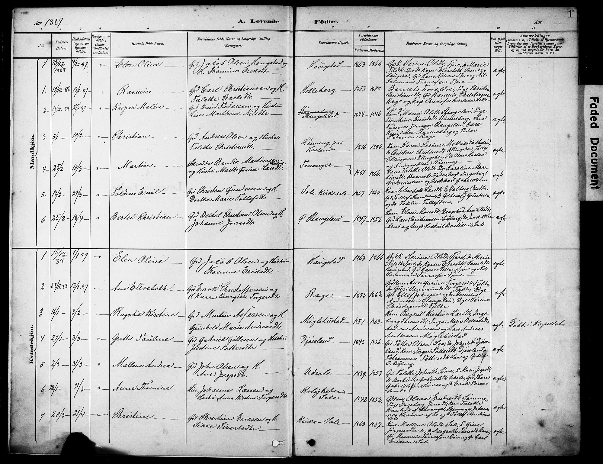 Håland sokneprestkontor, AV/SAST-A-101802/001/30BA/L0012: Parish register (official) no. A 11, 1889-1900, p. 1