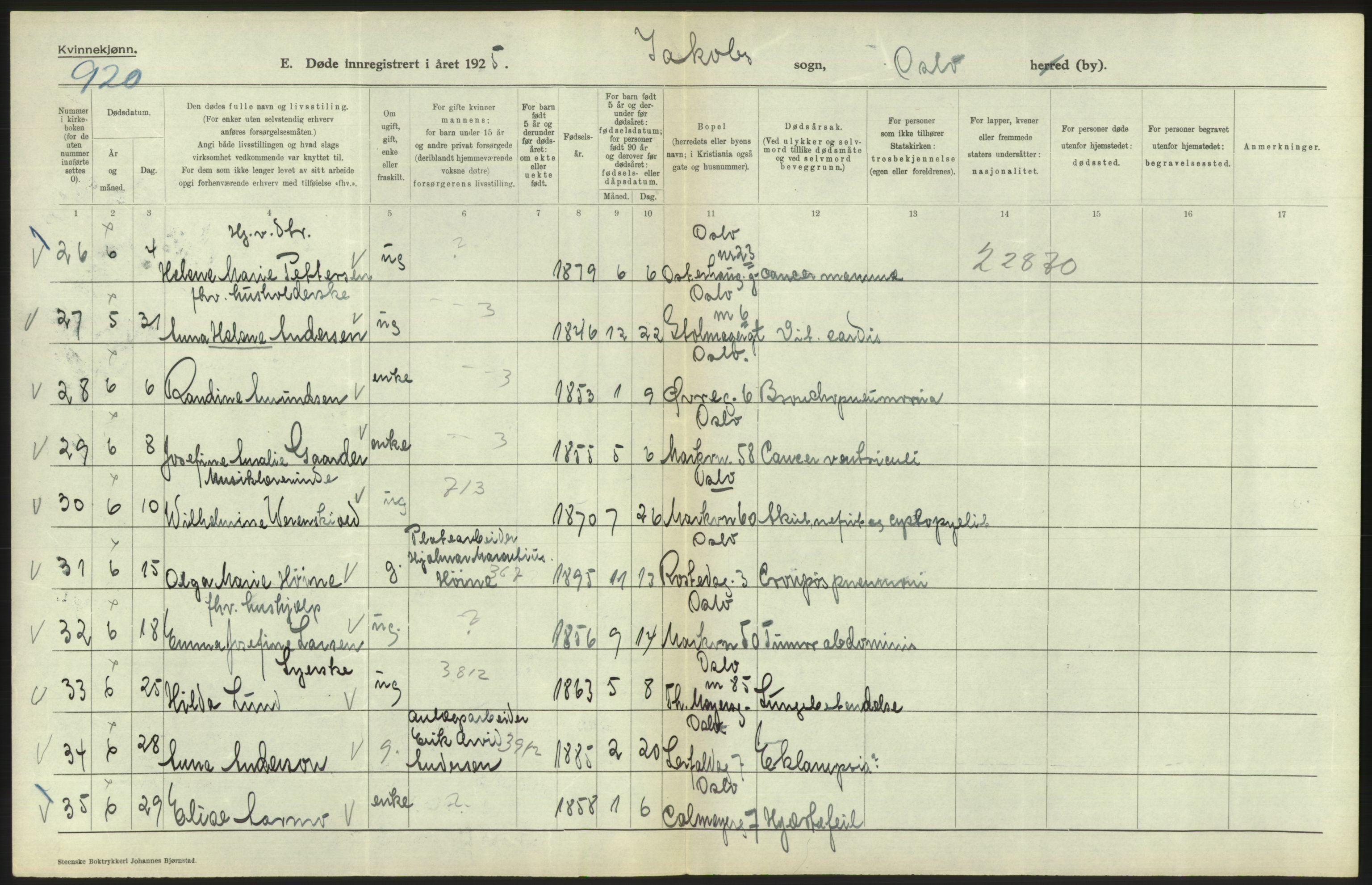 Statistisk sentralbyrå, Sosiodemografiske emner, Befolkning, AV/RA-S-2228/D/Df/Dfc/Dfce/L0010: Oslo: Døde kvinner, dødfødte, 1925, p. 348