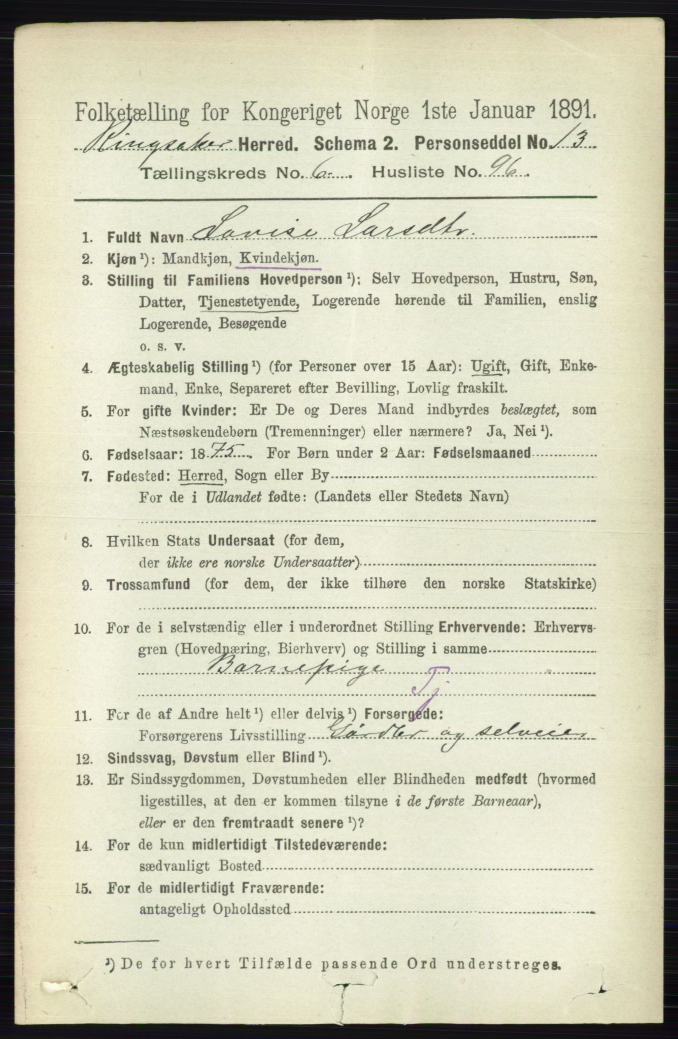 RA, 1891 census for 0412 Ringsaker, 1891, p. 3786