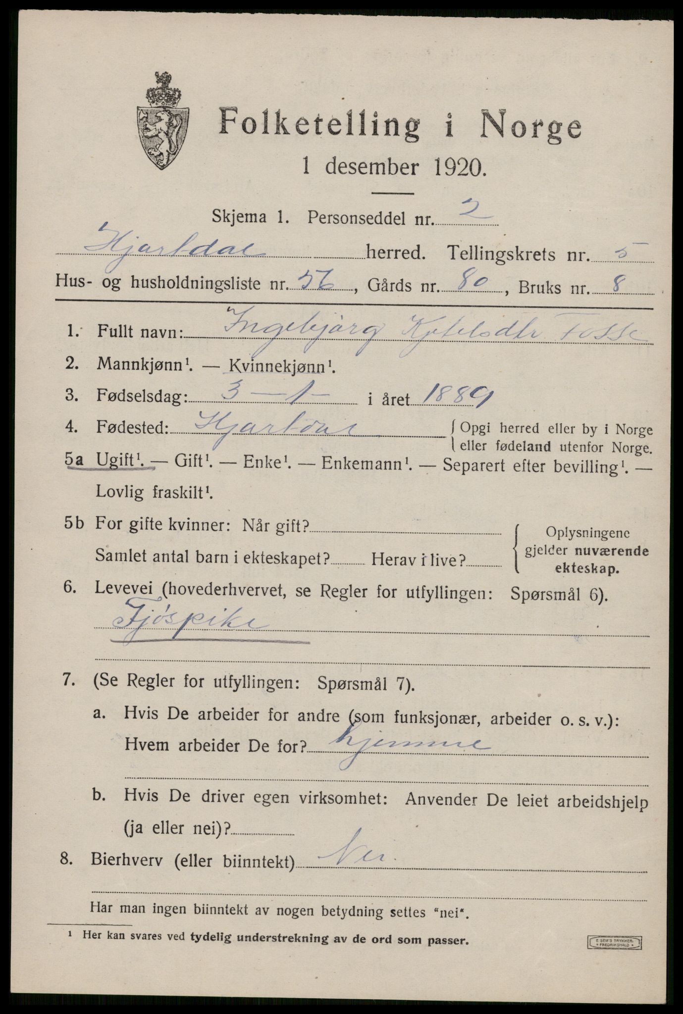 SAKO, 1920 census for Hjartdal, 1920, p. 4018