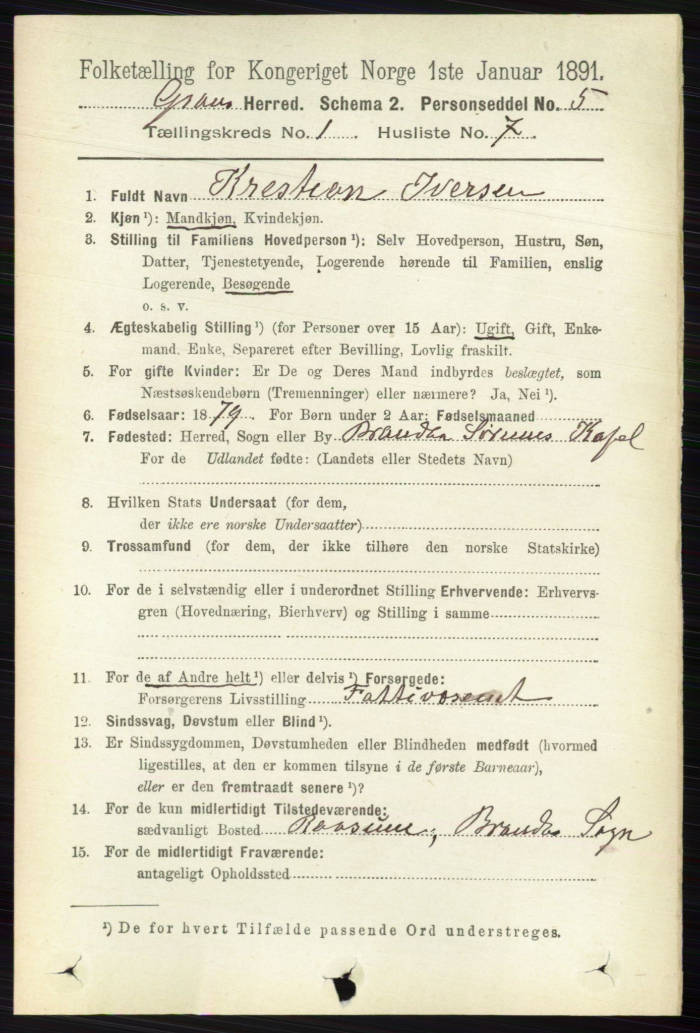 RA, 1891 census for 0534 Gran, 1891, p. 106