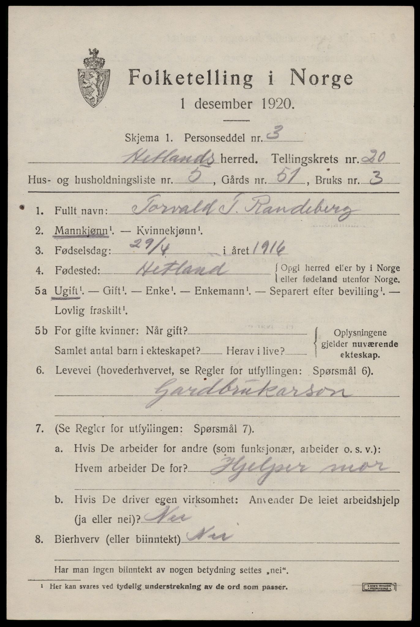 SAST, 1920 census for Hetland, 1920, p. 26499