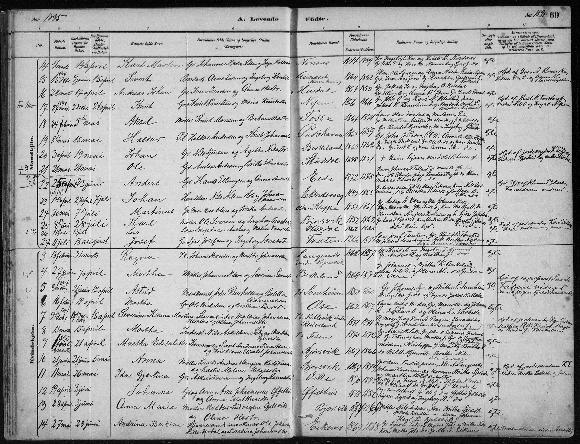 Hosanger sokneprestembete, AV/SAB-A-75801/H/Haa: Parish register (official) no. B  1, 1880-1896, p. 69