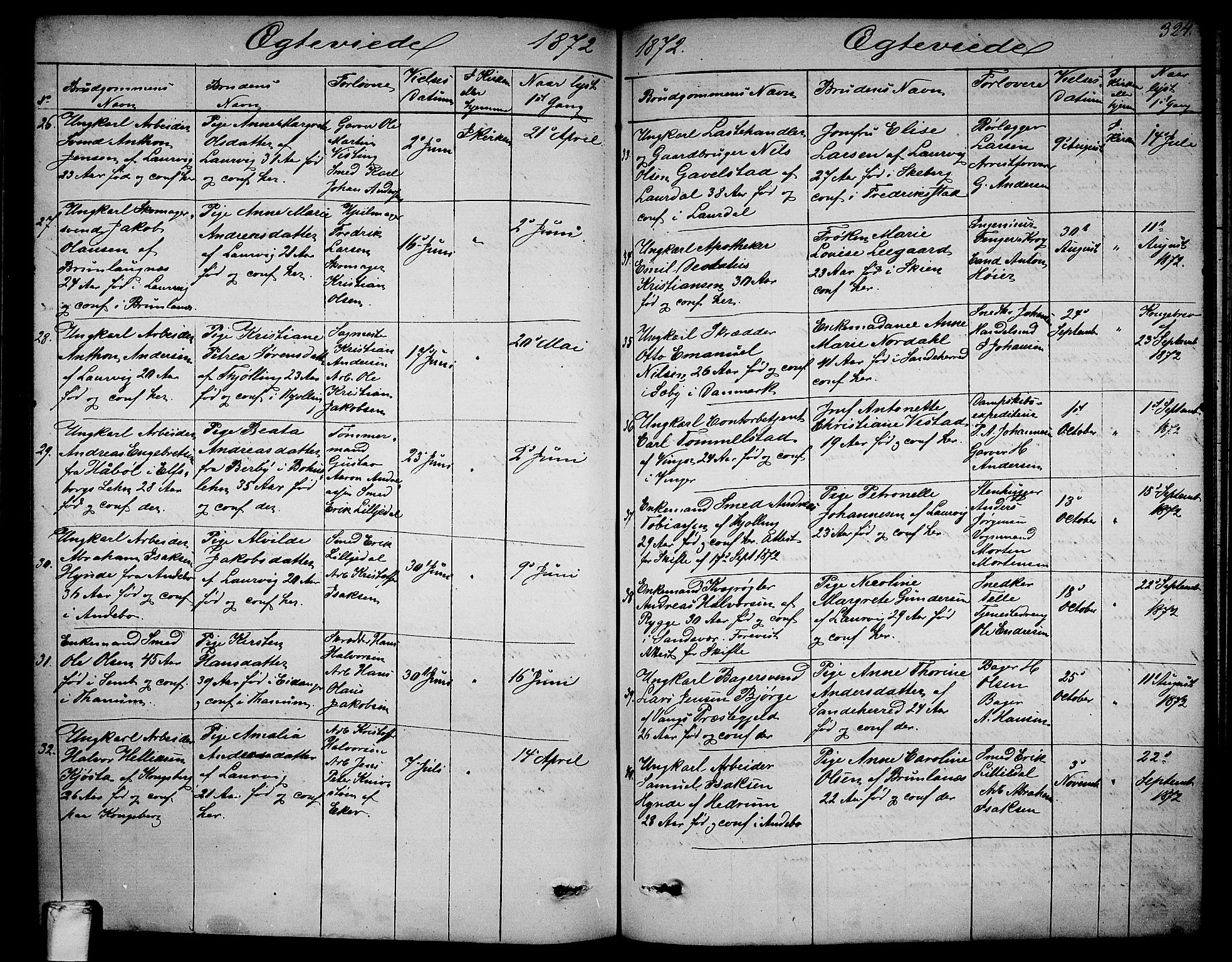 Larvik kirkebøker, SAKO/A-352/G/Ga/L0004: Parish register (copy) no. I 4, 1871-1888, p. 324