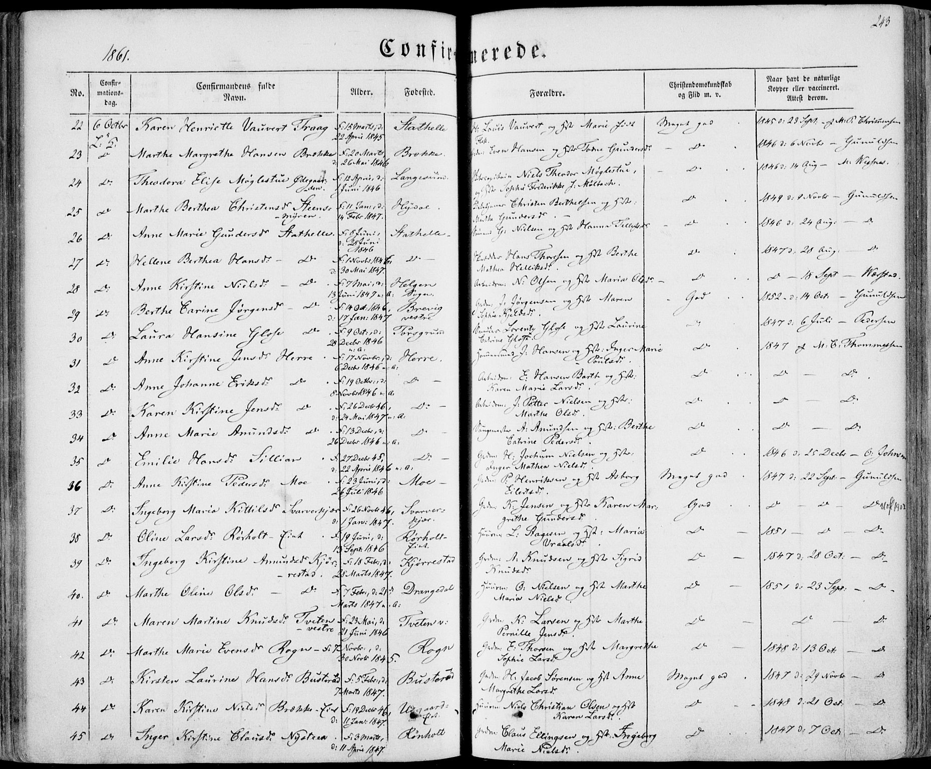 Bamble kirkebøker, AV/SAKO-A-253/F/Fa/L0005: Parish register (official) no. I 5, 1854-1869, p. 243