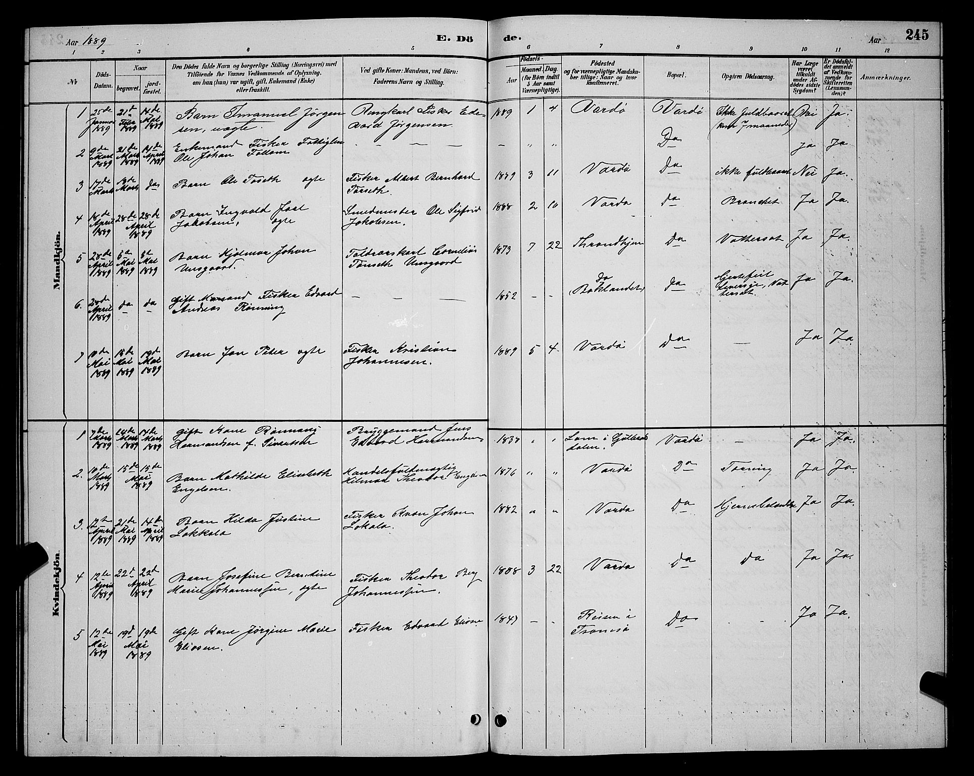 Vardø sokneprestkontor, SATØ/S-1332/H/Hb/L0005klokker: Parish register (copy) no. 5, 1887-1892, p. 245
