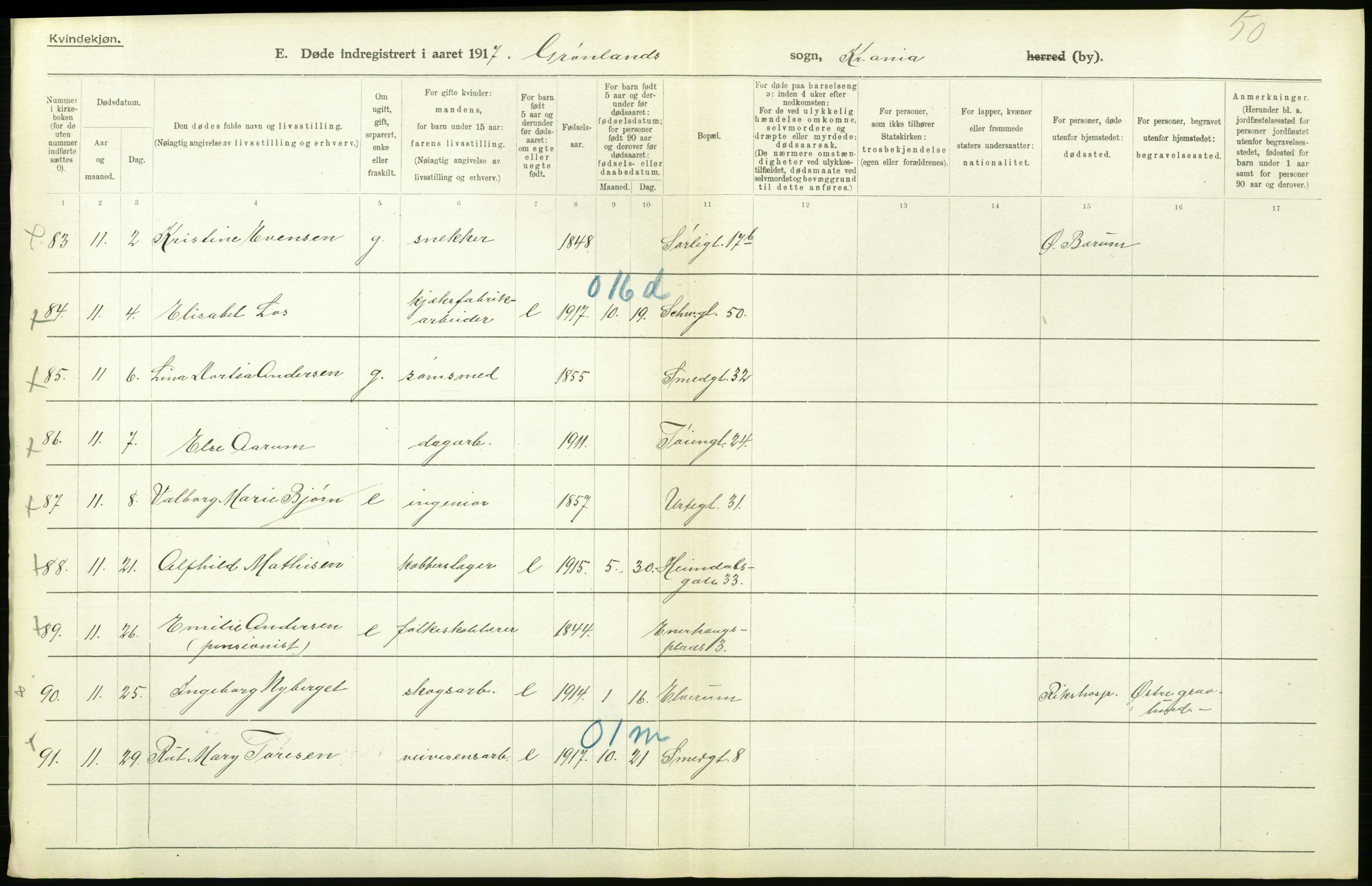 Statistisk sentralbyrå, Sosiodemografiske emner, Befolkning, AV/RA-S-2228/D/Df/Dfb/Dfbg/L0011: Kristiania: Døde, dødfødte., 1917, p. 430