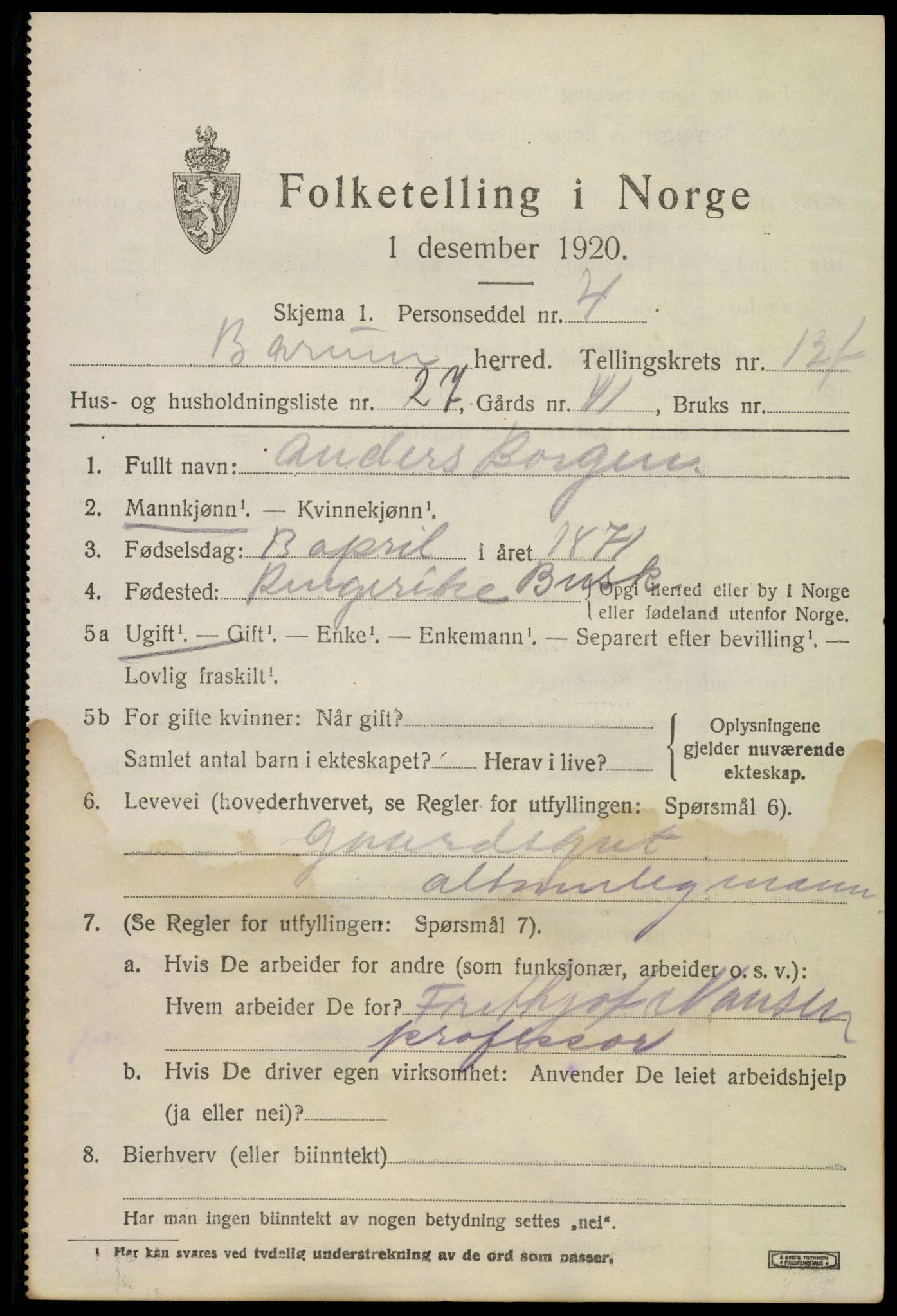 SAO, 1920 census for Bærum, 1920, p. 33018