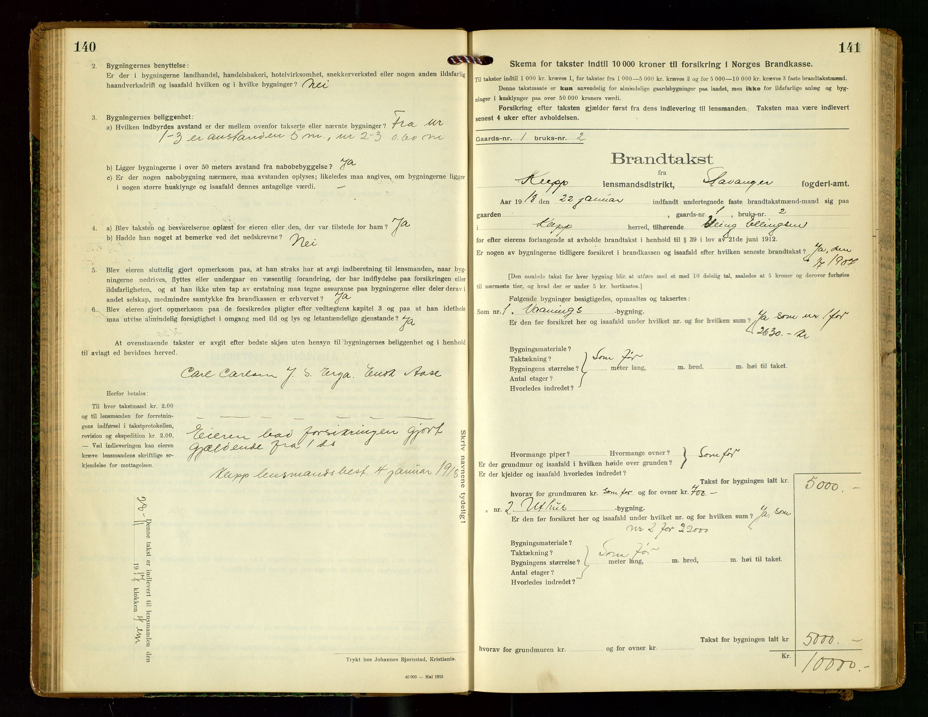 Klepp lensmannskontor, SAST/A-100163/Goc/L0009: "Brandtakstprotokol" m/register, 1917-1919, p. 140-141