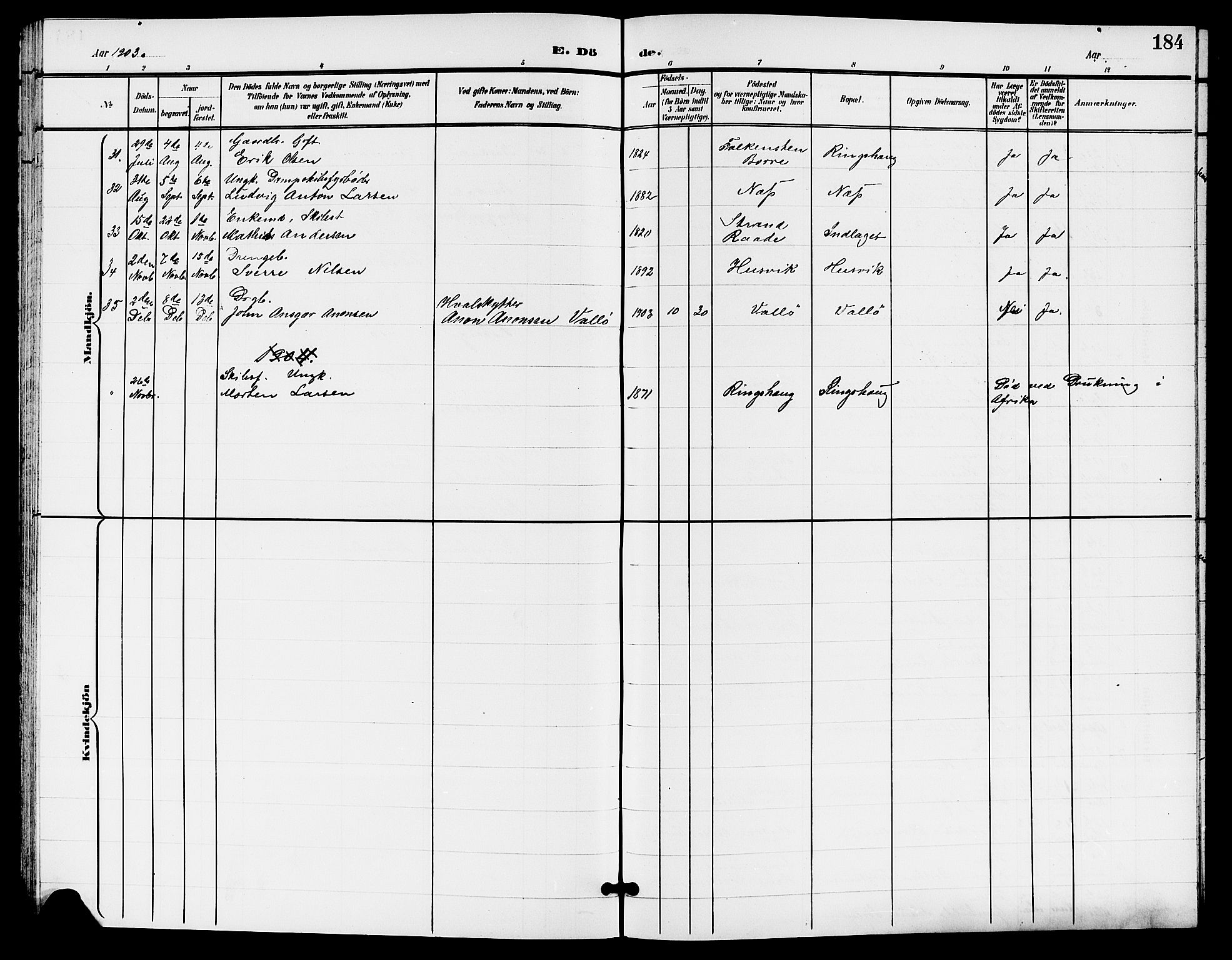 Sem kirkebøker, SAKO/A-5/G/Gb/L0003: Parish register (copy) no. II 3, 1900-1913, p. 184