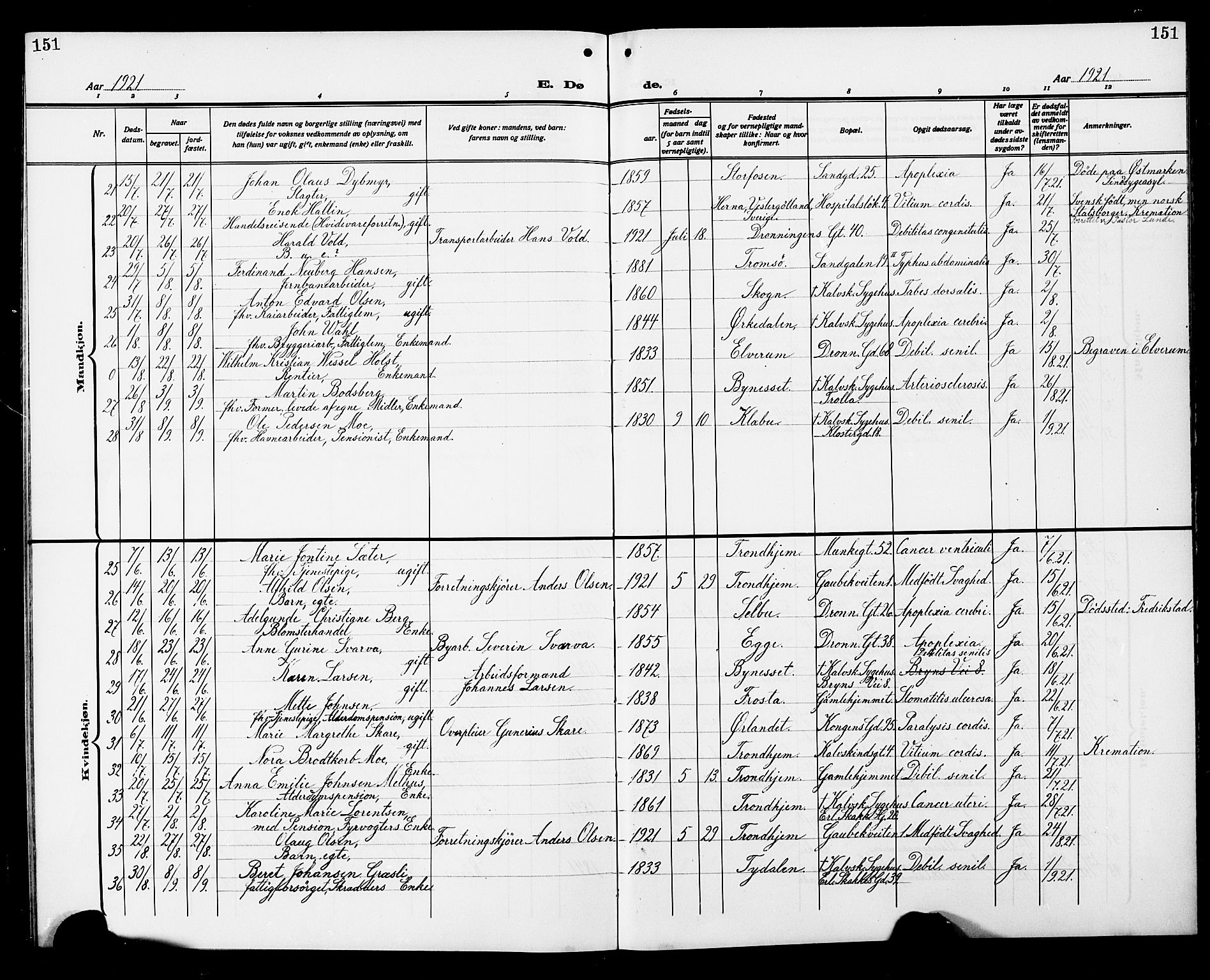 Ministerialprotokoller, klokkerbøker og fødselsregistre - Sør-Trøndelag, SAT/A-1456/602/L0147: Parish register (copy) no. 602C15, 1911-1924, p. 151