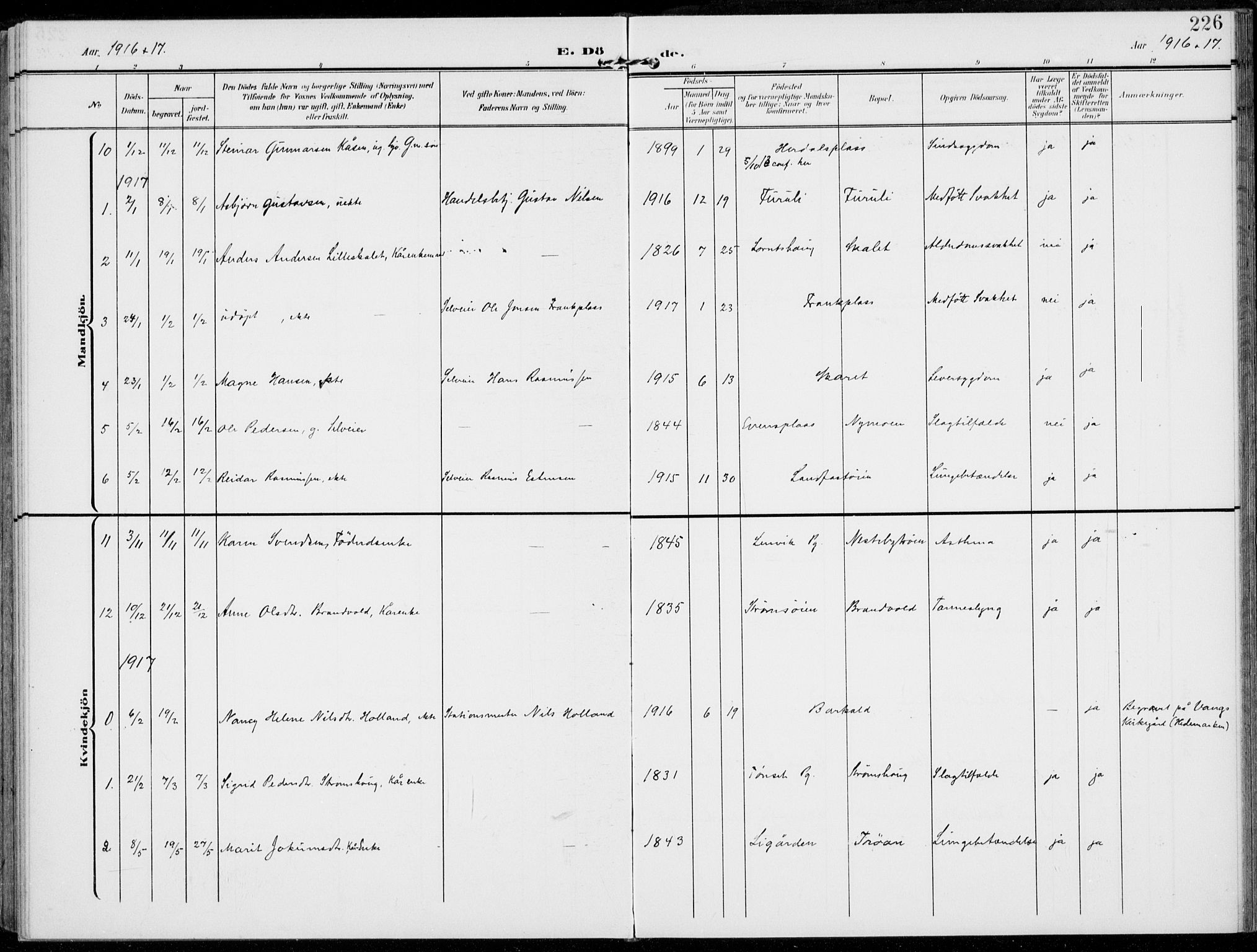 Alvdal prestekontor, SAH/PREST-060/H/Ha/Haa/L0004: Parish register (official) no. 4, 1907-1919, p. 226