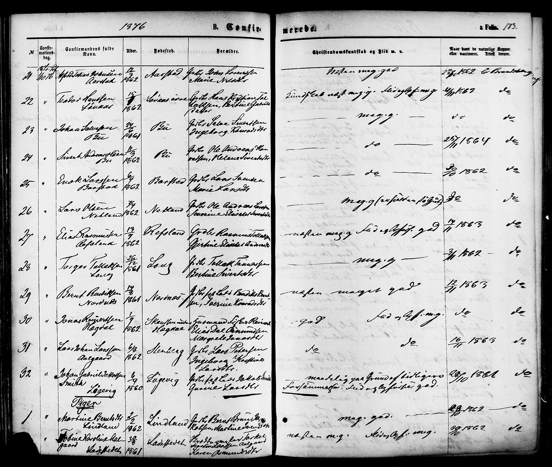 Sokndal sokneprestkontor, AV/SAST-A-101808: Parish register (official) no. A 10, 1874-1886, p. 173