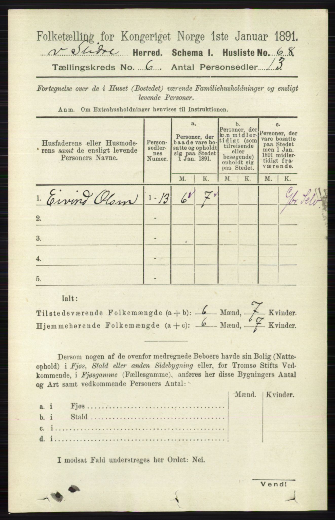 RA, 1891 census for 0543 Vestre Slidre, 1891, p. 2057