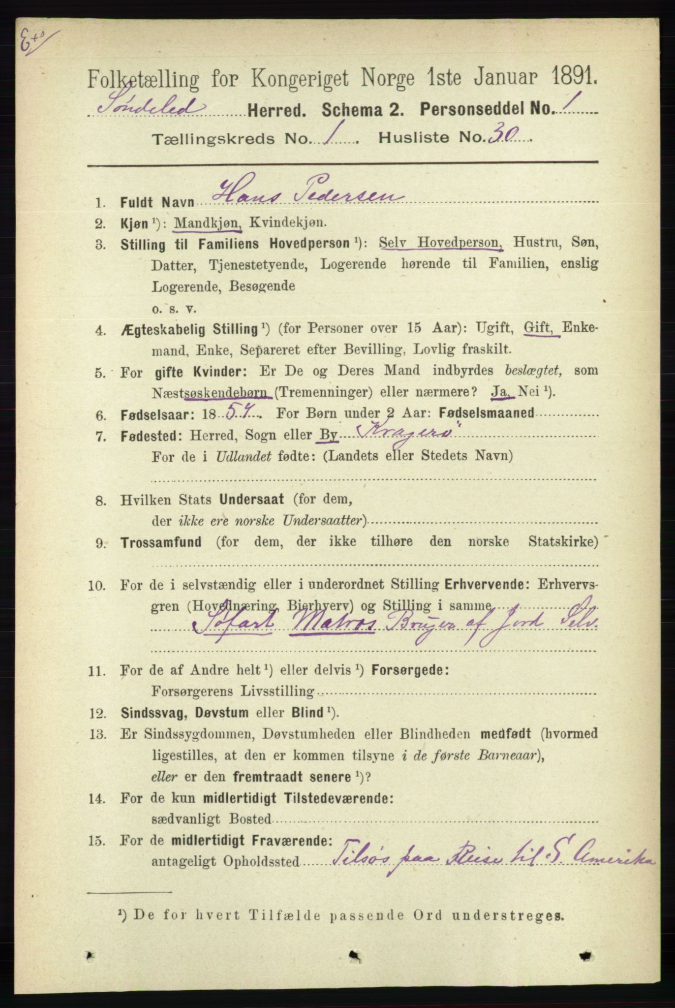 RA, Census 1891 for Nedenes amt: Gjenparter av personsedler for beslektede ektefeller, menn, 1891, p. 110