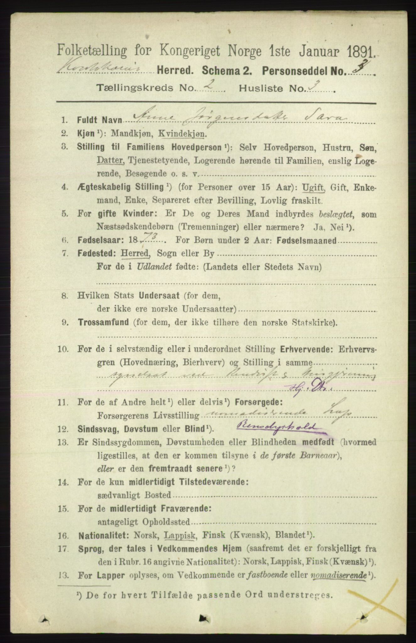 RA, 1891 census for 2011 Kautokeino, 1891, p. 337