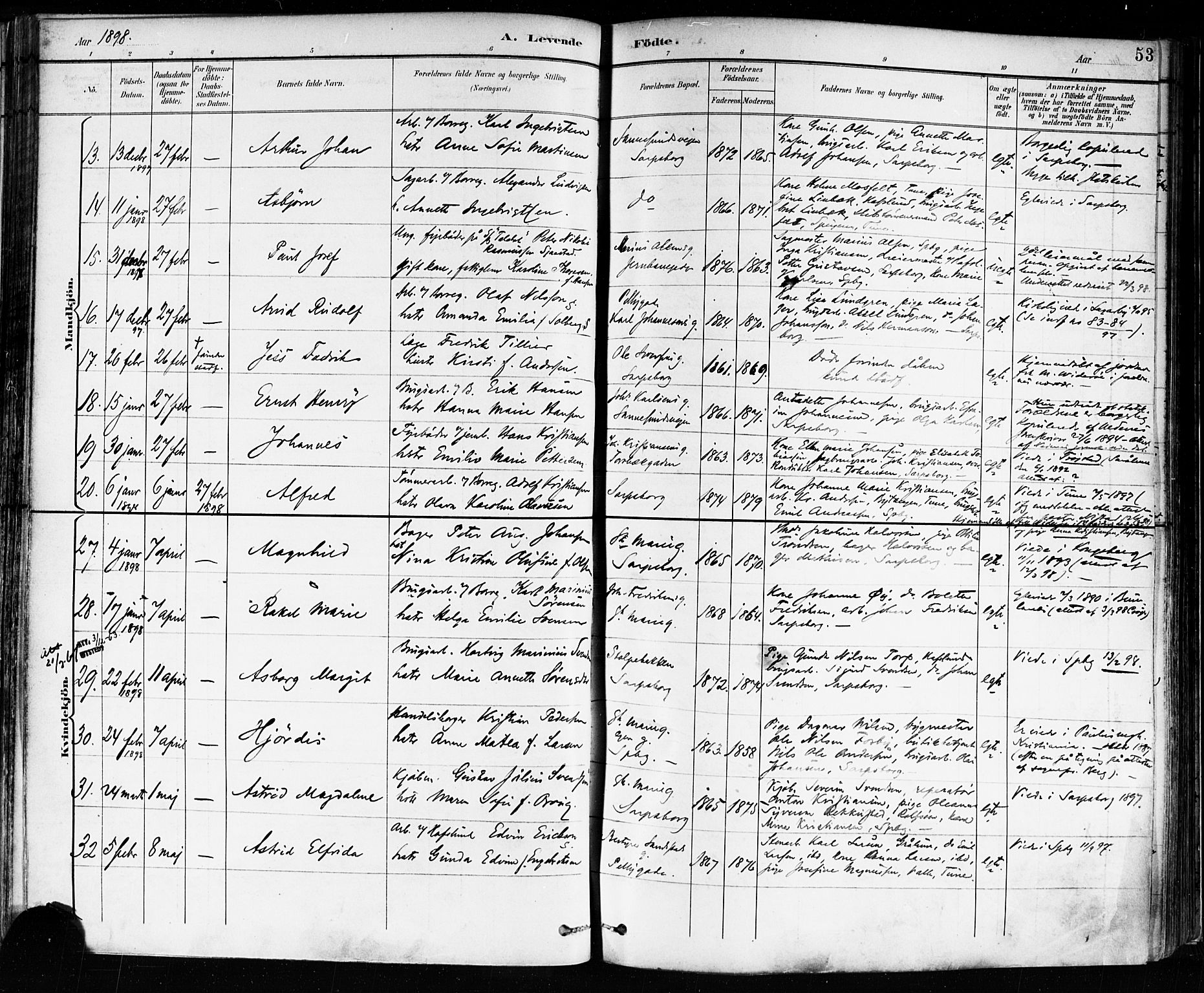 Sarpsborg prestekontor Kirkebøker, AV/SAO-A-2006/F/Fa/L0004: Parish register (official) no. 4, 1892-1899, p. 53