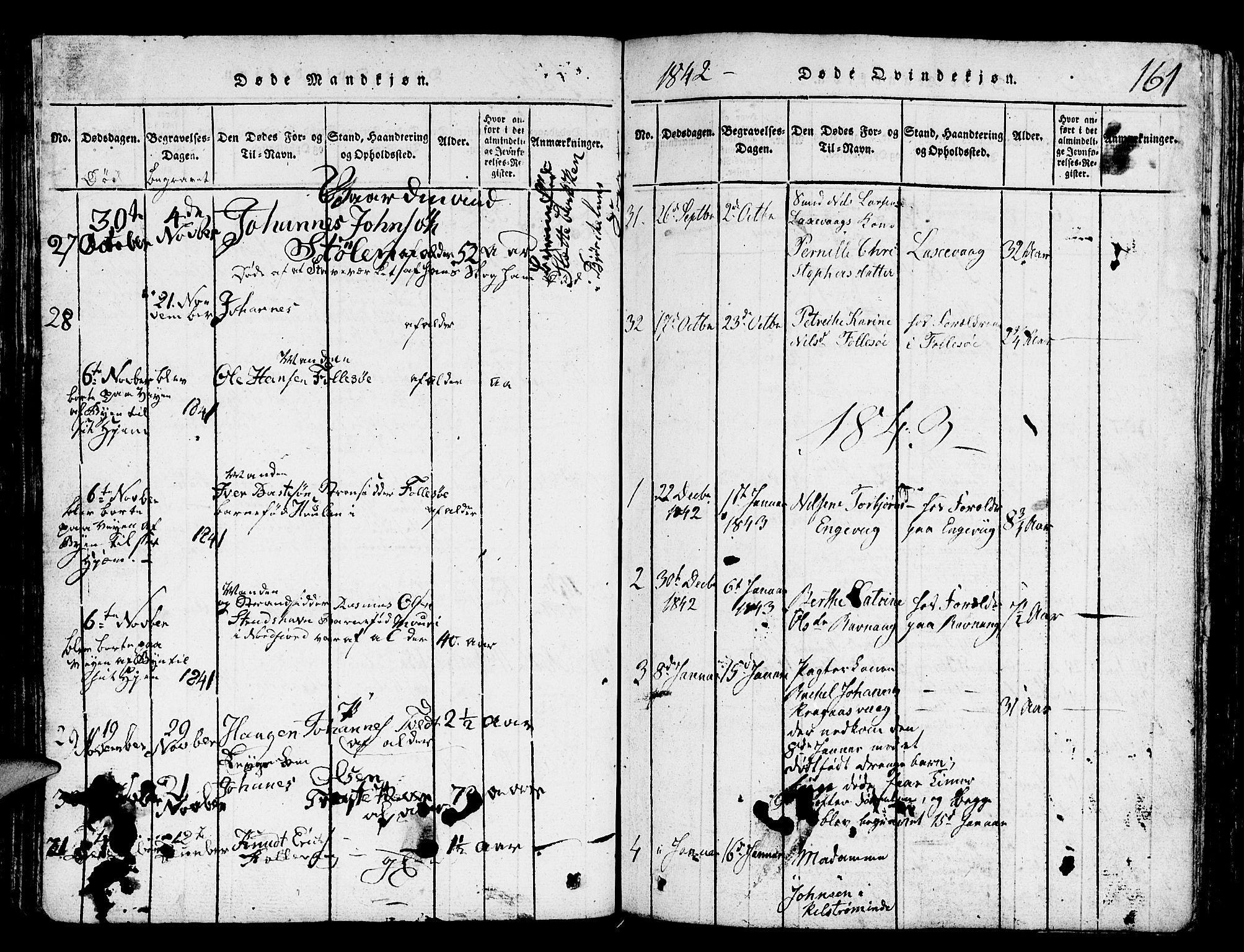 Askøy Sokneprestembete, SAB/A-74101/H/Ha/Hab/Haba/L0002: Parish register (copy) no. A 2, 1815-1846, p. 161