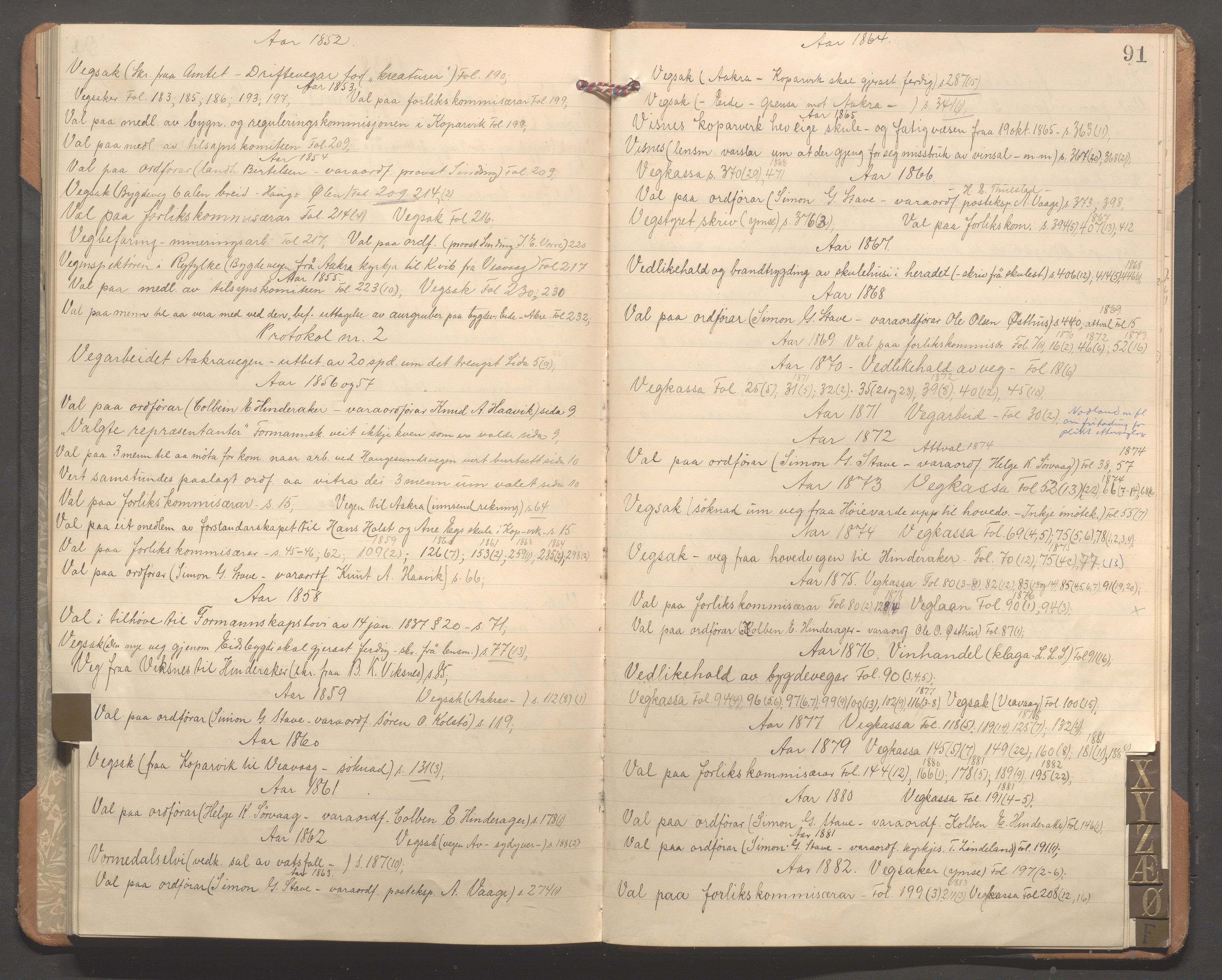 Avaldsnes kommune - Formannskapet, IKAR/K-101651/C/Cb/L0001: Register til møtebok, 1838-1901, p. 91