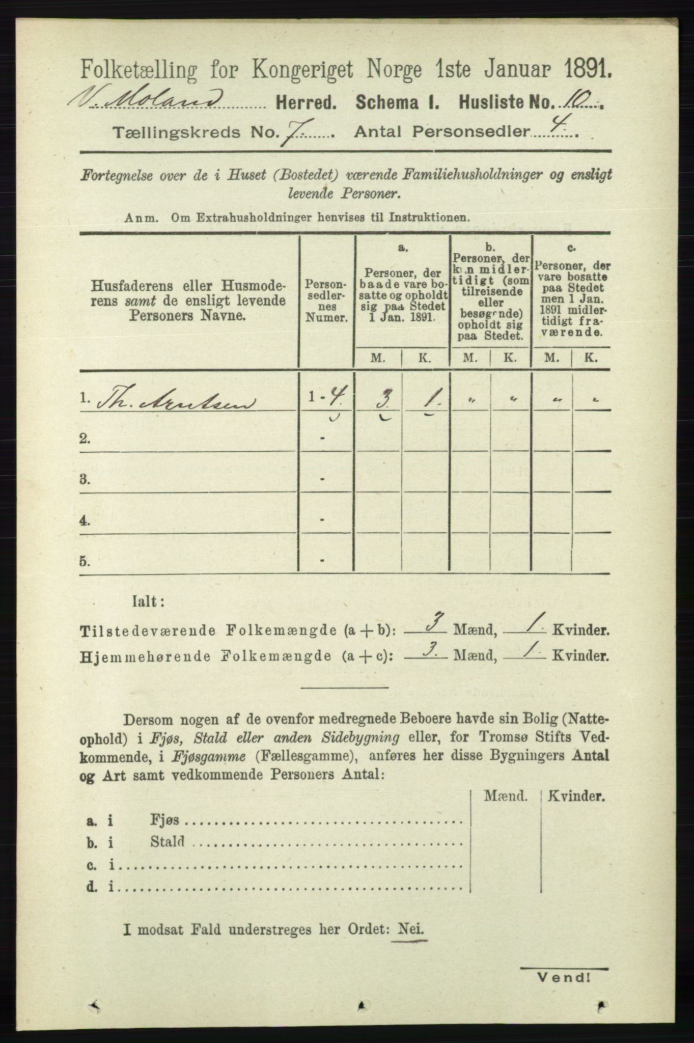 RA, 1891 census for 0926 Vestre Moland, 1891, p. 2769