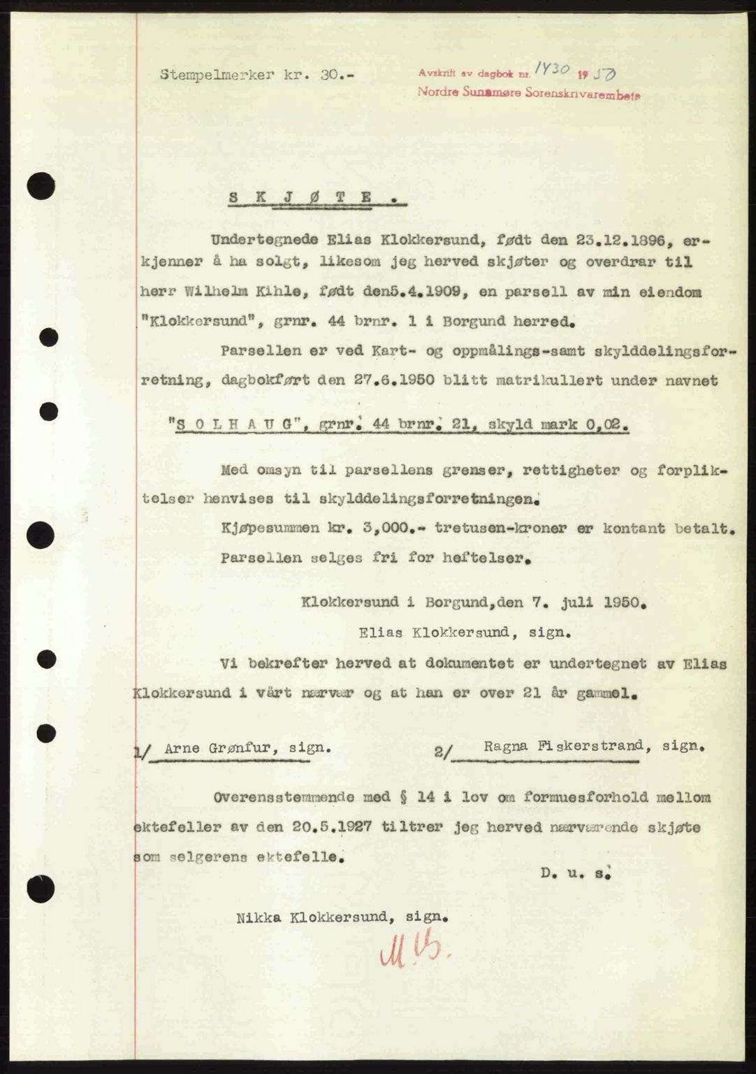 Nordre Sunnmøre sorenskriveri, SAT/A-0006/1/2/2C/2Ca: Mortgage book no. A35, 1950-1950, Diary no: : 1430/1950