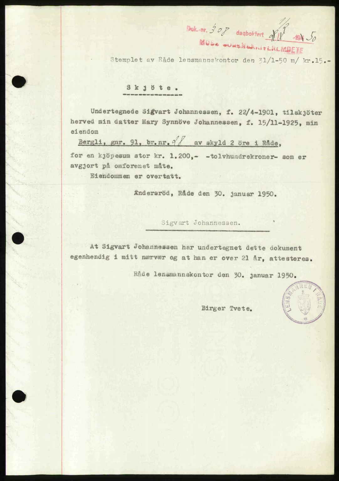 Moss sorenskriveri, SAO/A-10168: Mortgage book no. A25, 1950-1950, Diary no: : 308/1950