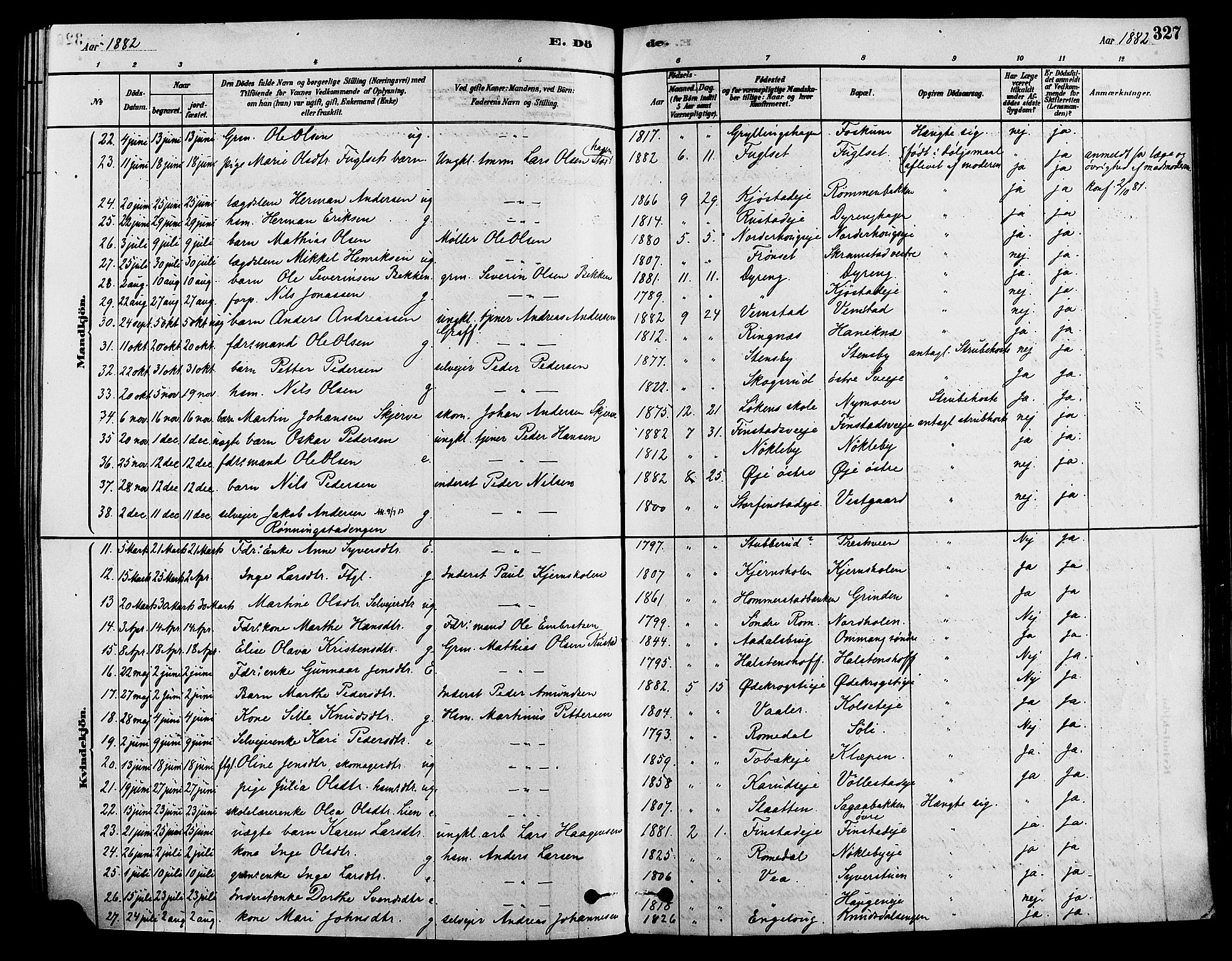Løten prestekontor, SAH/PREST-022/K/Ka/L0009: Parish register (official) no. 9, 1878-1891, p. 327