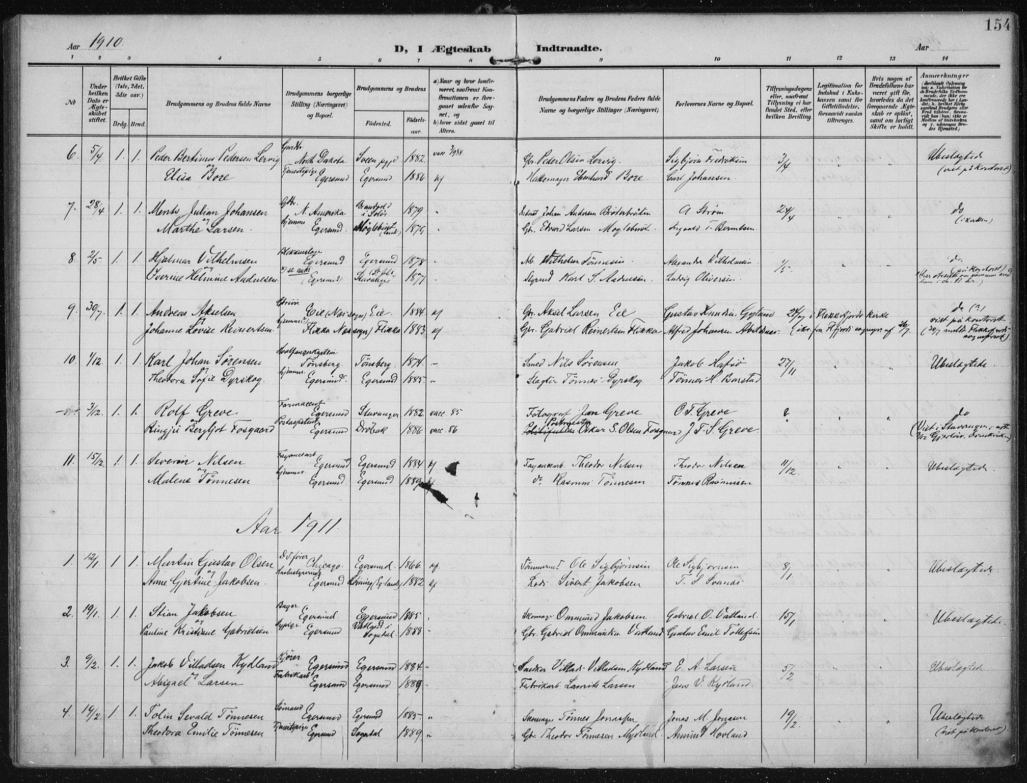 Eigersund sokneprestkontor, SAST/A-101807/S08/L0022: Parish register (official) no. A 21, 1905-1928, p. 154