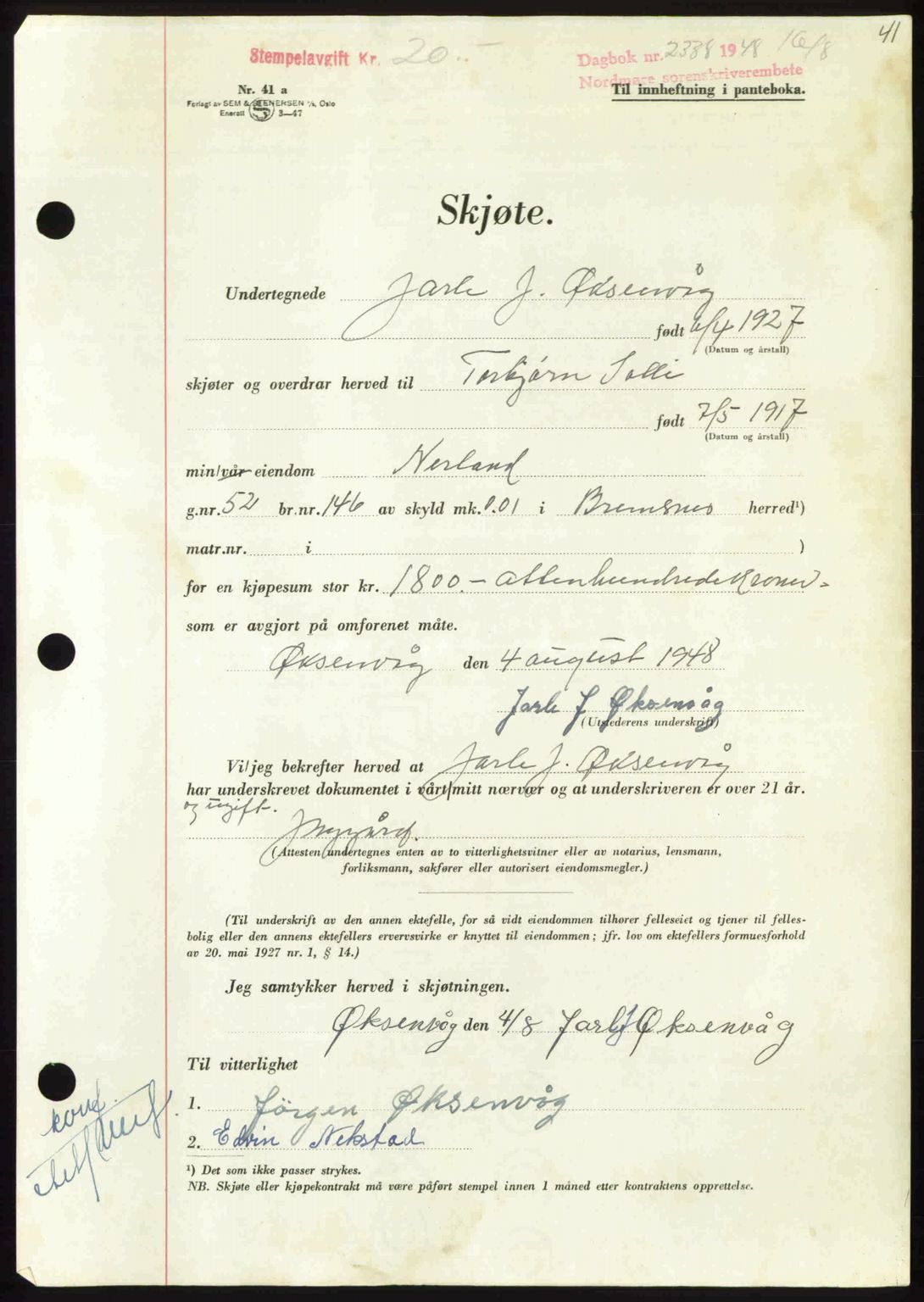 Nordmøre sorenskriveri, AV/SAT-A-4132/1/2/2Ca: Mortgage book no. A109, 1948-1948, Diary no: : 2338/1948