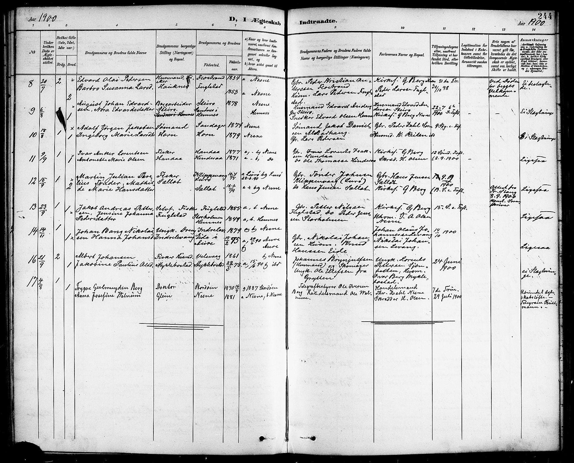 Ministerialprotokoller, klokkerbøker og fødselsregistre - Nordland, AV/SAT-A-1459/838/L0559: Parish register (copy) no. 838C06, 1893-1910, p. 244