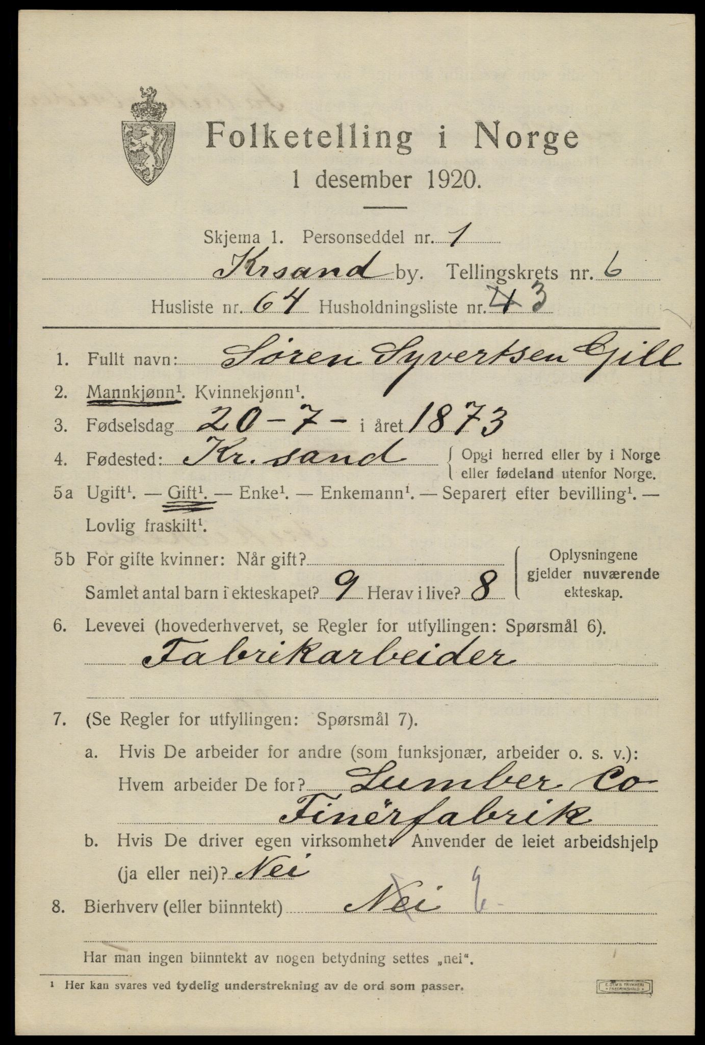 SAK, 1920 census for Kristiansand, 1920, p. 19535