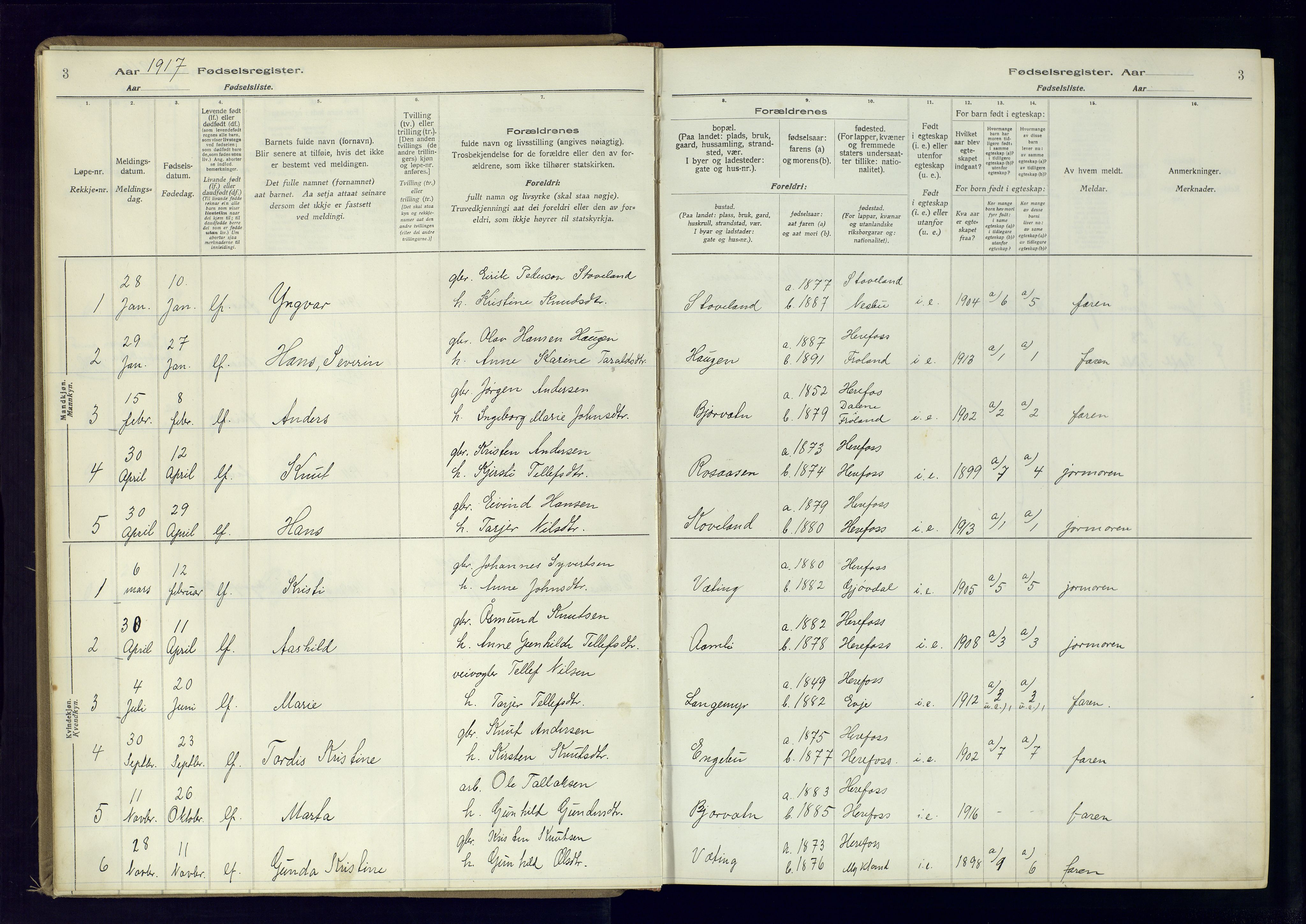 Herefoss sokneprestkontor, AV/SAK-1111-0019/J/Ja/L0001: Birth register no. II.6.10, 1916-1982, p. 3