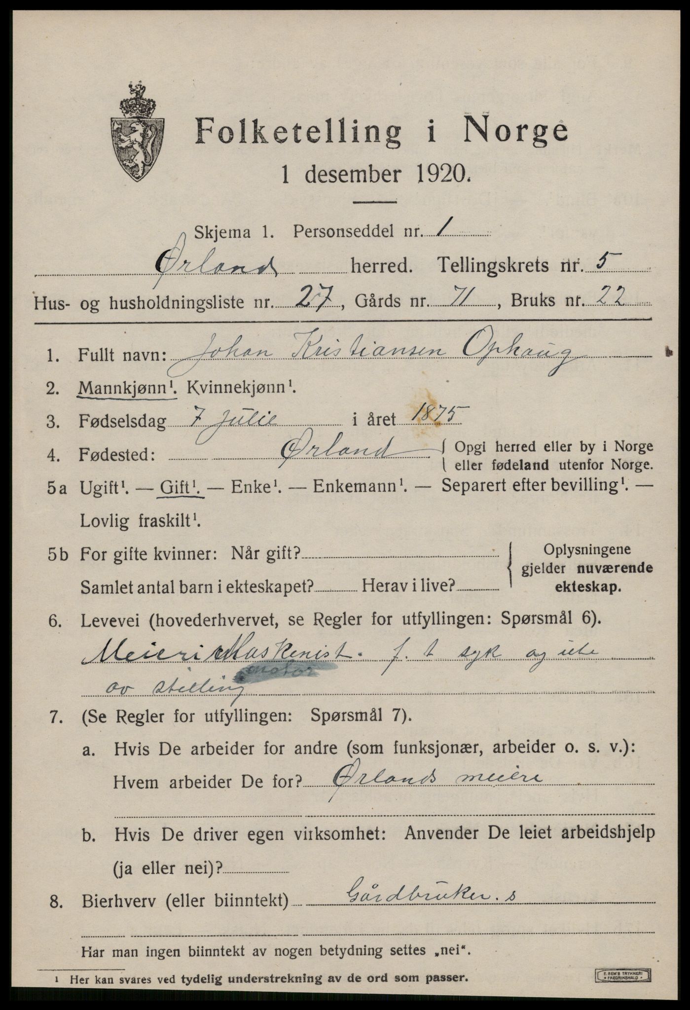 SAT, 1920 census for Ørland, 1920, p. 4769