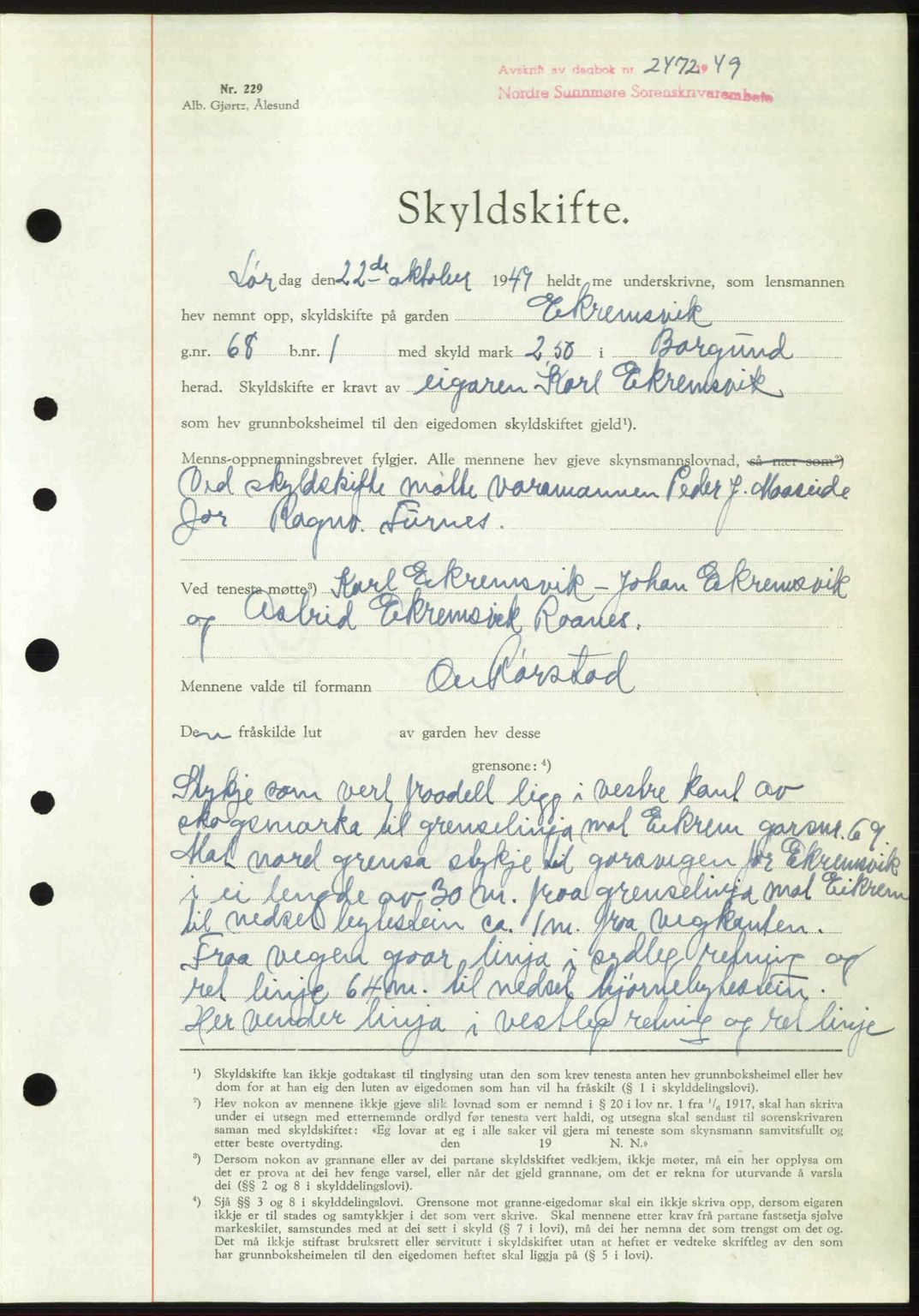 Nordre Sunnmøre sorenskriveri, AV/SAT-A-0006/1/2/2C/2Ca: Mortgage book no. A32, 1949-1949, Diary no: : 2472/1949