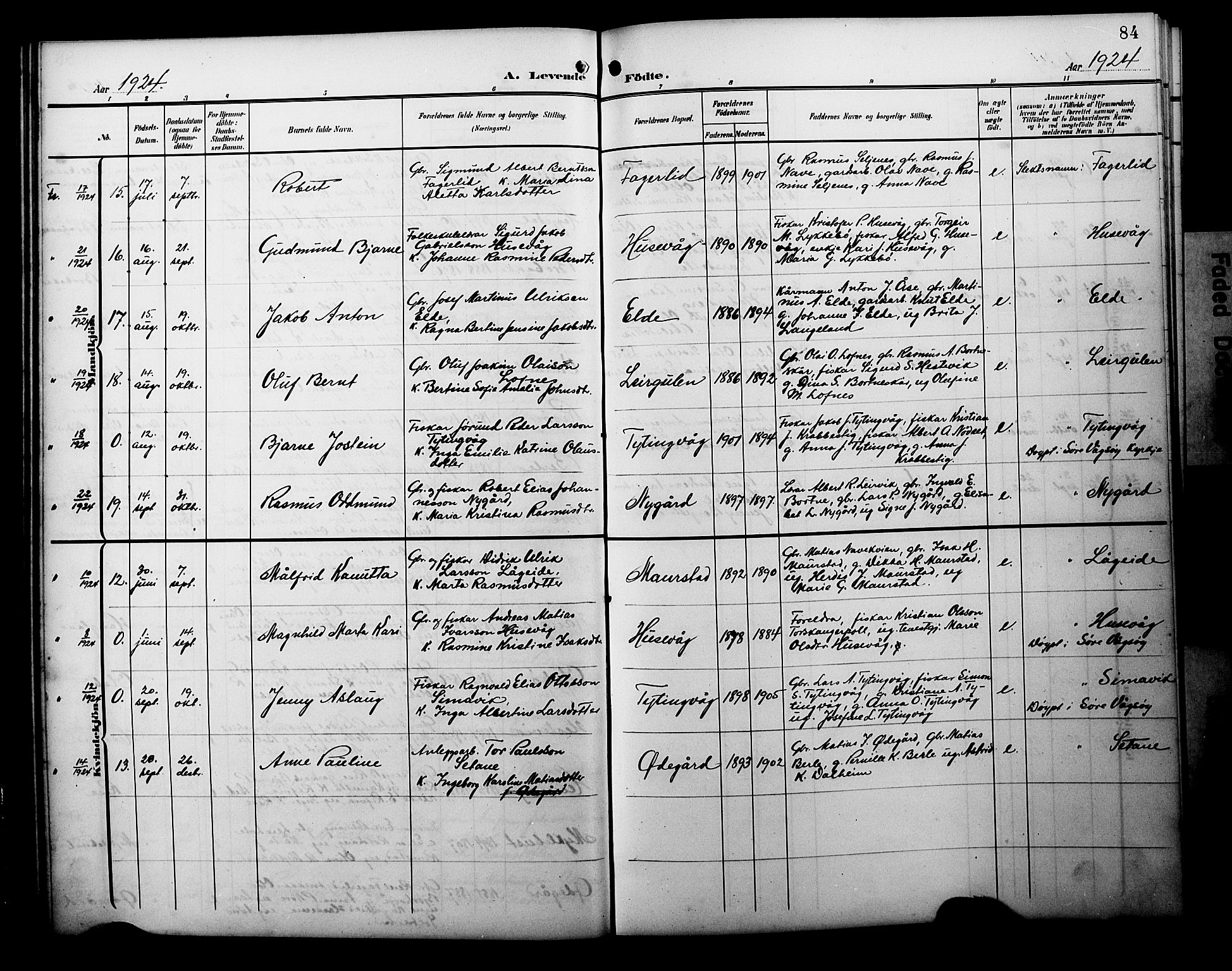 Davik sokneprestembete, AV/SAB-A-79701/H/Hab/Habc/L0003: Parish register (copy) no. C 3, 1907-1929, p. 84