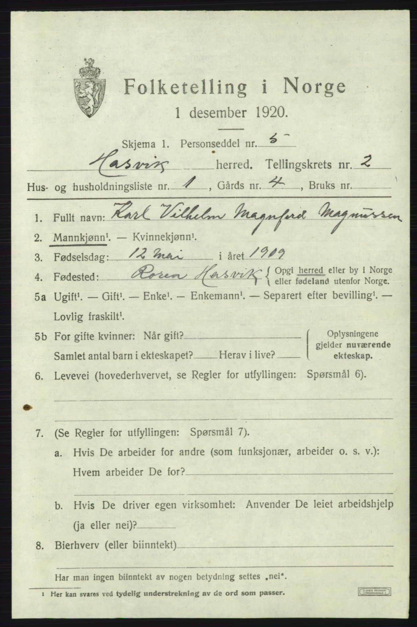 SATØ, 1920 census for Hasvik, 1920, p. 987