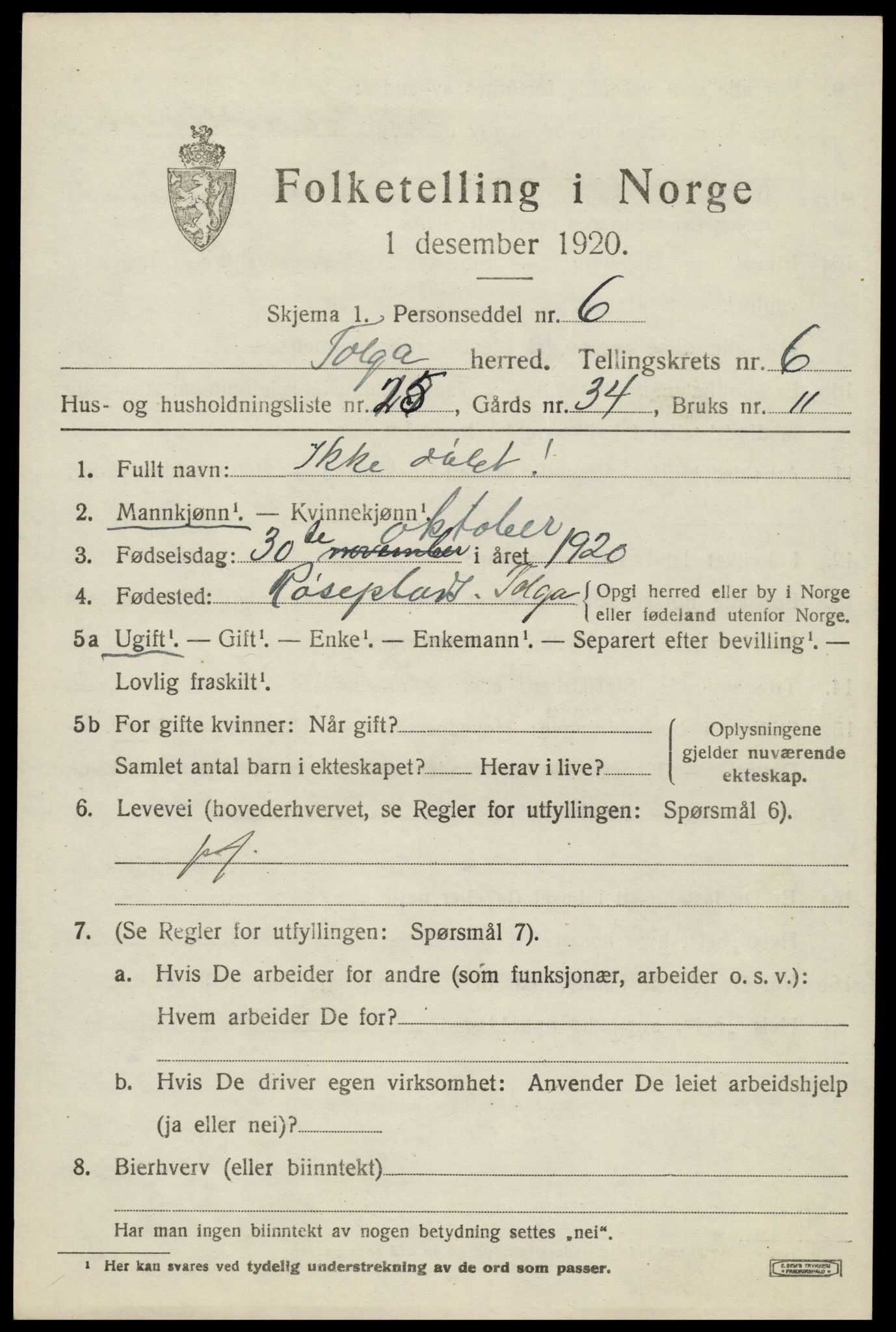 SAH, 1920 census for Tolga, 1920, p. 3911