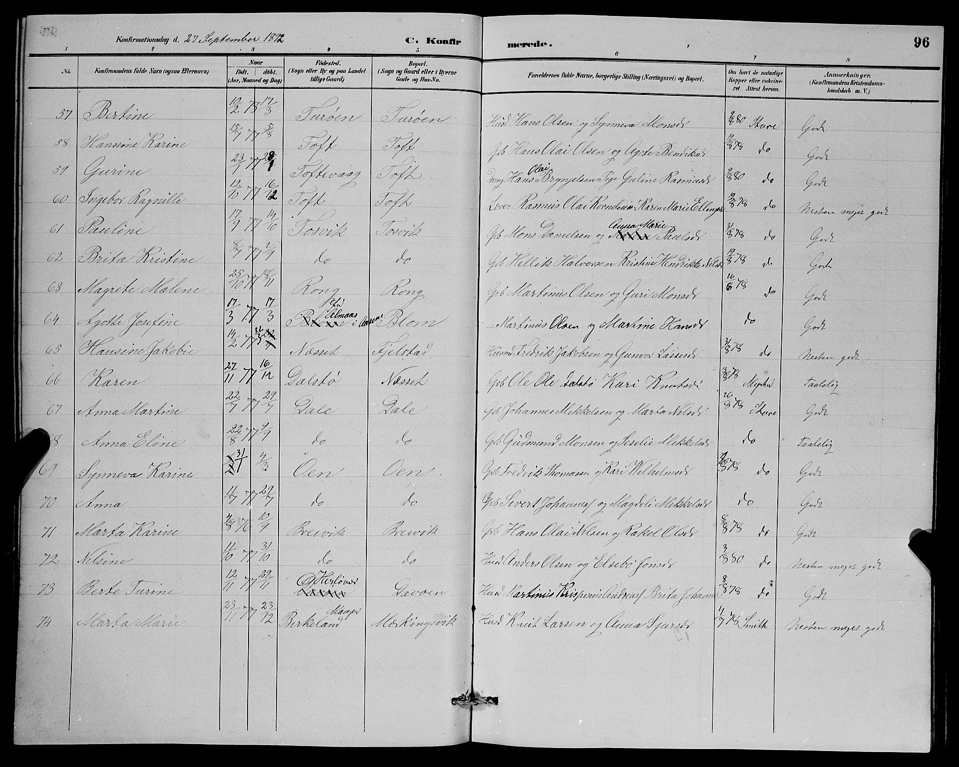 Herdla Sokneprestembete, AV/SAB-A-75701/H/Hab: Parish register (copy) no. A 3, 1889-1899, p. 96