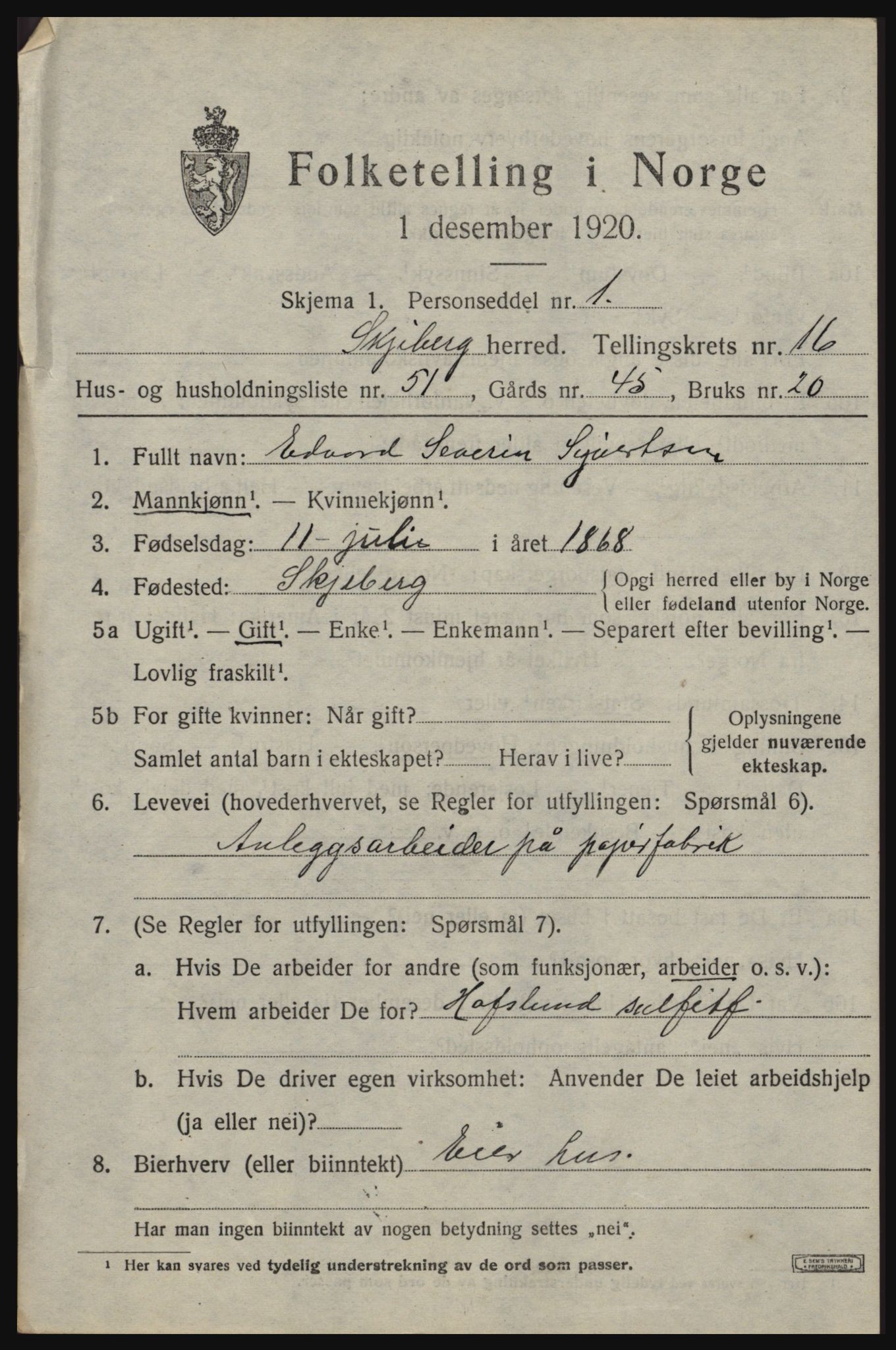 SAO, 1920 census for Skjeberg, 1920, p. 15587