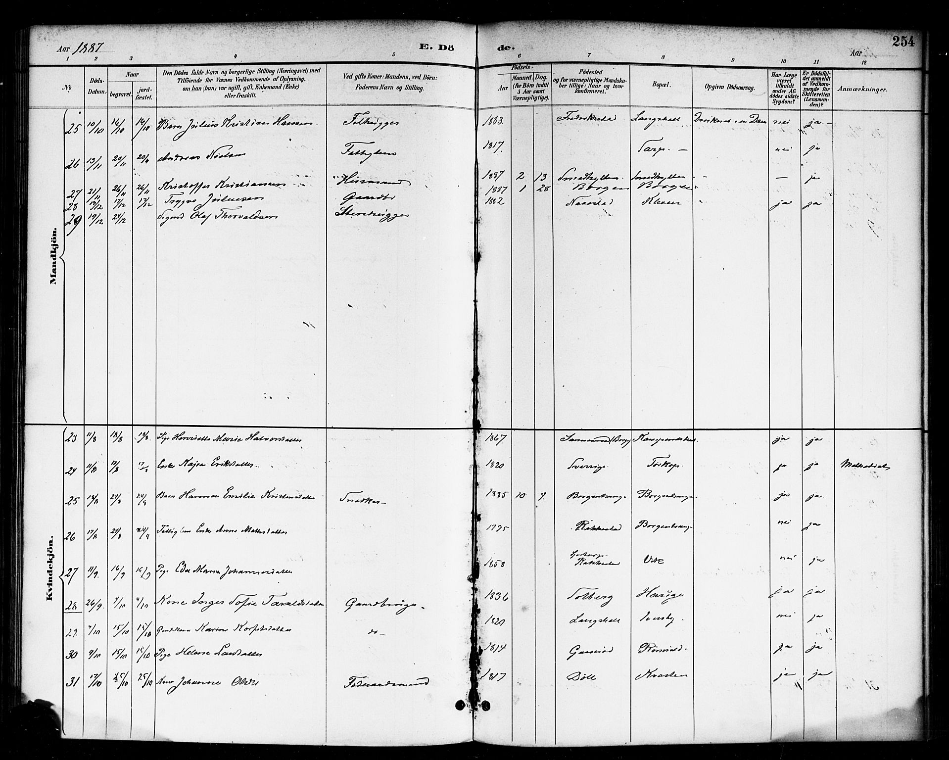 Skjeberg prestekontor Kirkebøker, AV/SAO-A-10923/F/Fa/L0009: Parish register (official) no. I 9, 1886-1897, p. 254