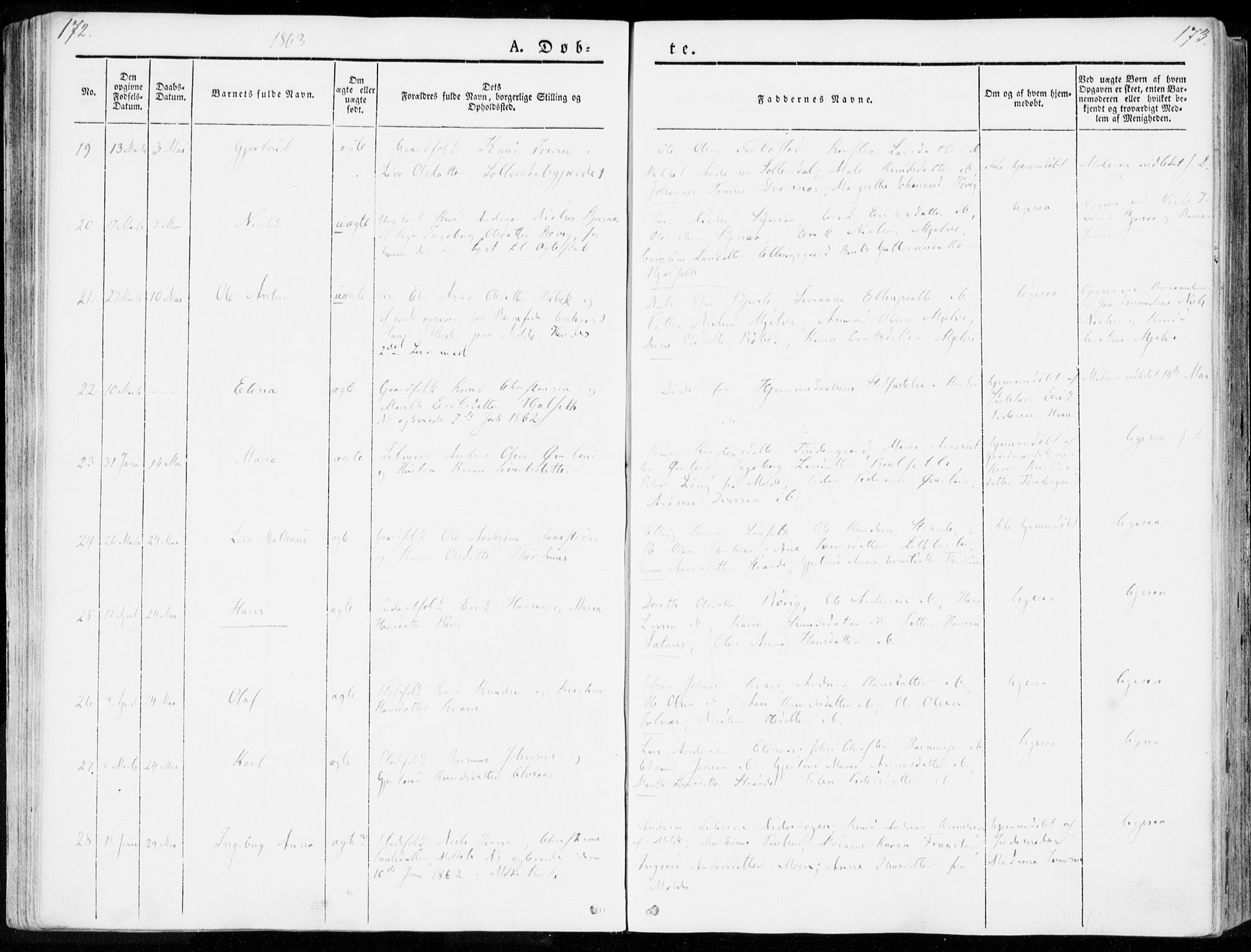 Ministerialprotokoller, klokkerbøker og fødselsregistre - Møre og Romsdal, SAT/A-1454/555/L0653: Parish register (official) no. 555A04, 1843-1869, p. 172-173