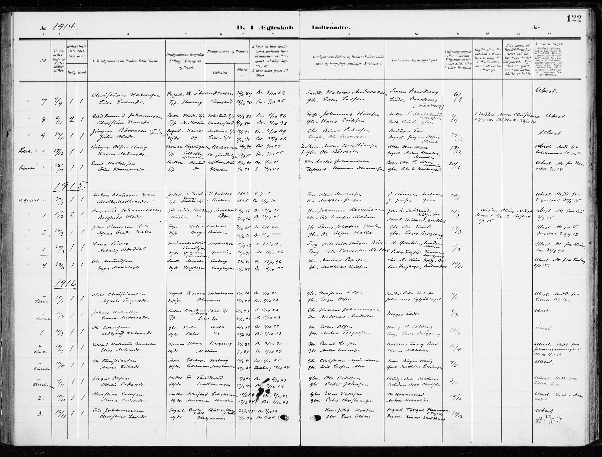 Ringsaker prestekontor, AV/SAH-PREST-014/K/Ka/L0021: Parish register (official) no. 21, 1905-1920, p. 122