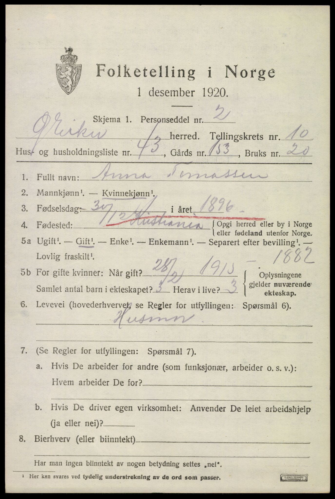 SAKO, 1920 census for Øvre Eiker, 1920, p. 16998