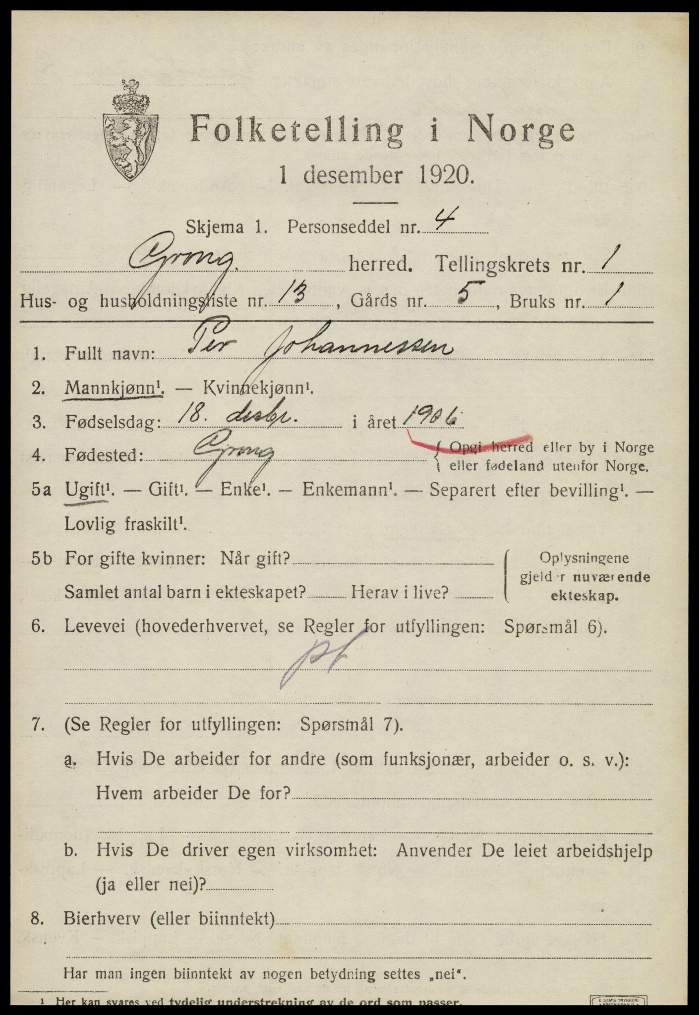 SAT, 1920 census for Grong, 1920, p. 1173