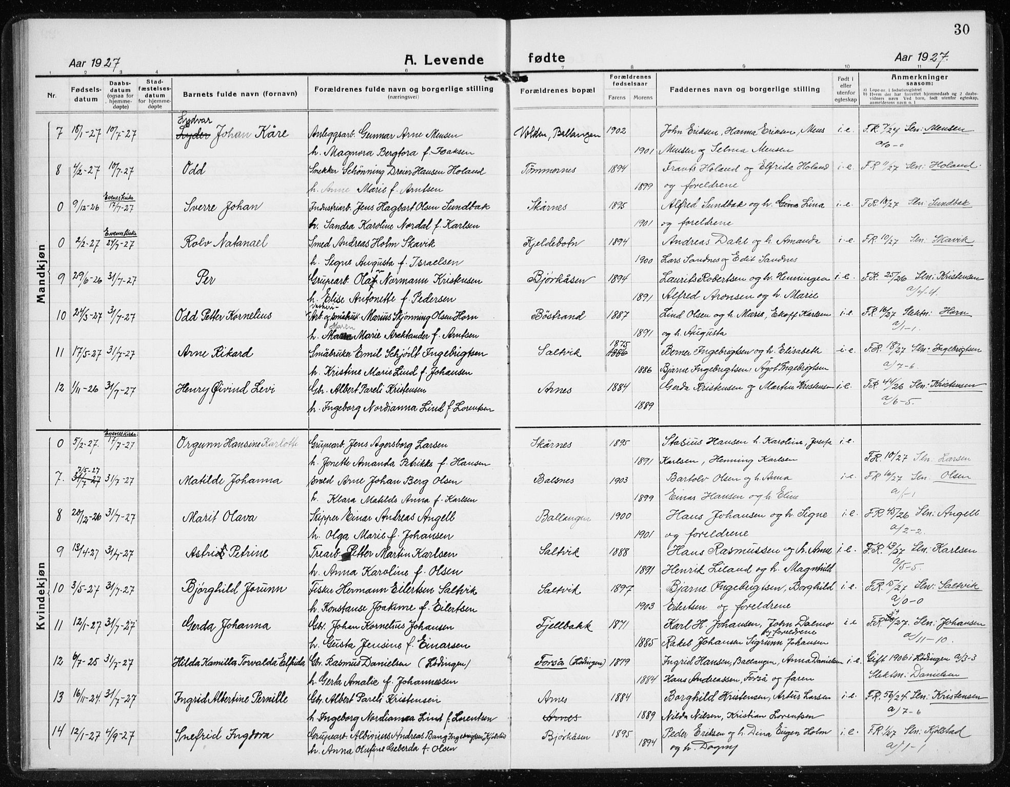 Ministerialprotokoller, klokkerbøker og fødselsregistre - Nordland, AV/SAT-A-1459/869/L0975: Parish register (copy) no. 869C01, 1923-1939, p. 30